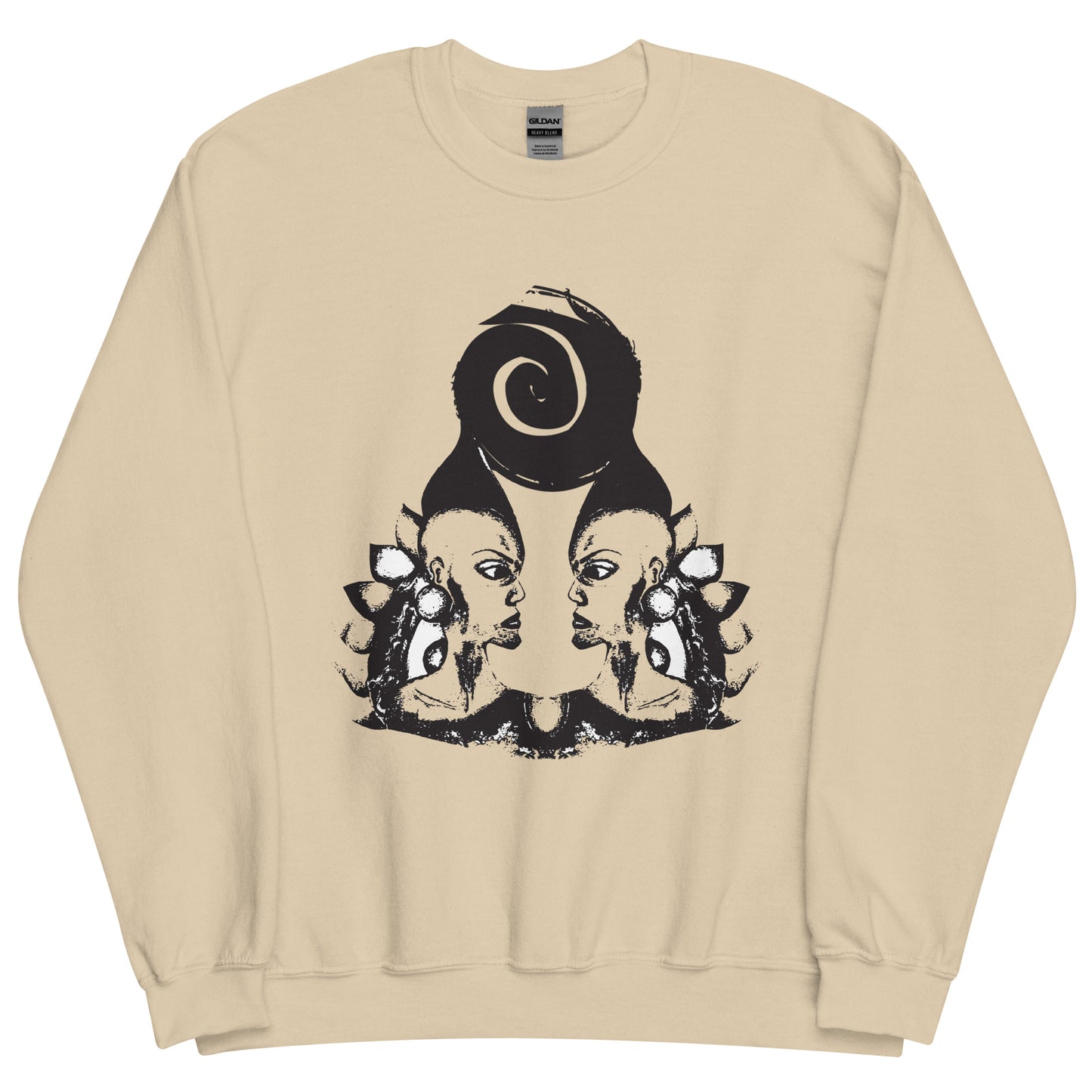 Sand color K.L.O.E. sweatshirt featuring a culturally inspired, hand-drawn design of two mirrored faces in bold black, showcasing unique artistry and self-expression in modern bohemian style clothing.