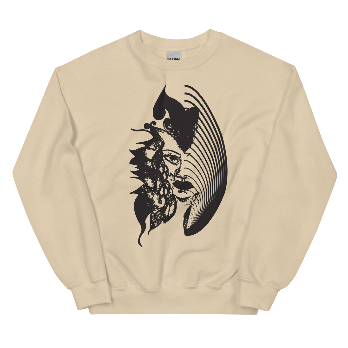 Sand K.L.O.E. sweatshirt featuring a culturally inspired, hand-drawn black graphic of a bold, expressive face surrounded by intricate details, celebrating individuality and artistic self-expression in modern bohemian style fashion.