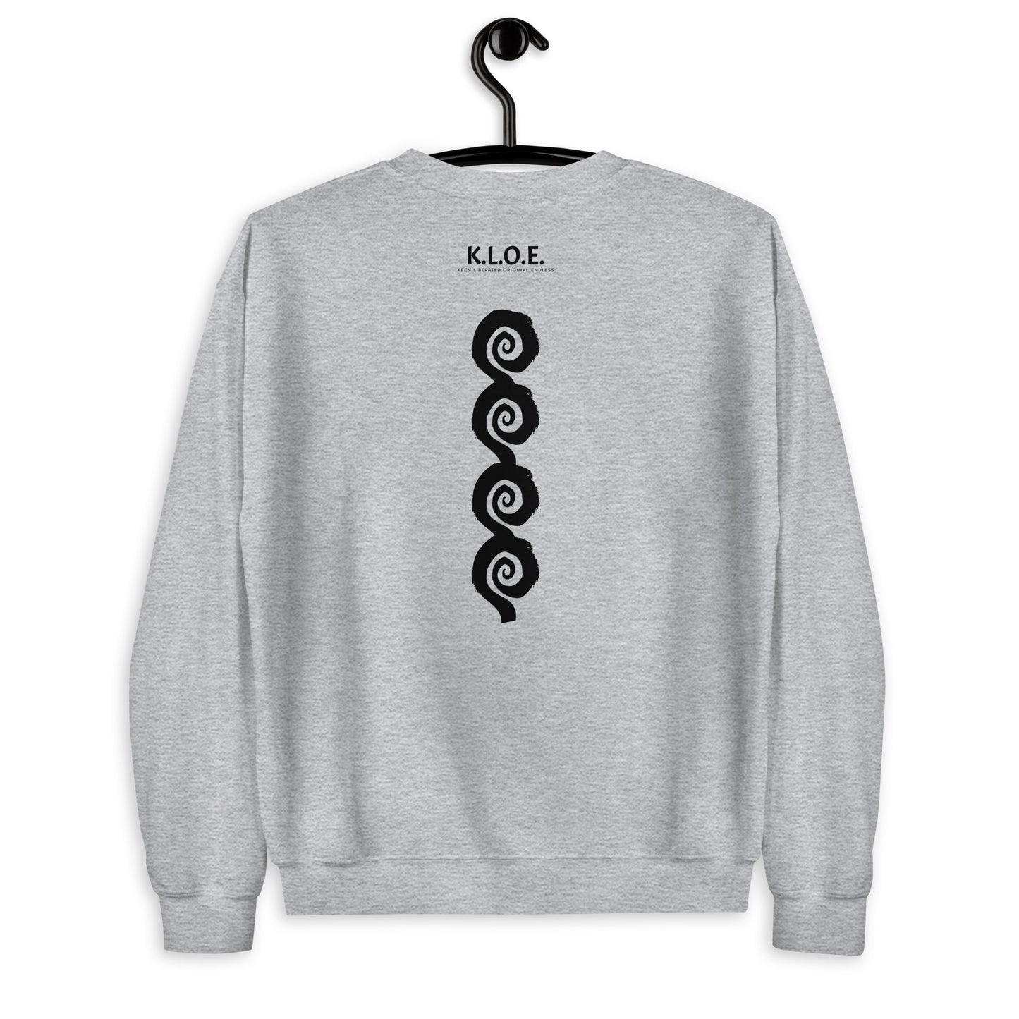Back view of grey K.L.O.E. sweatshirt showcasing a bold, hand-drawn black spiral design symbolising creativity and individuality, with the K.L.O.E. logo above, reflecting modern bohemian style and artistic self-expression.