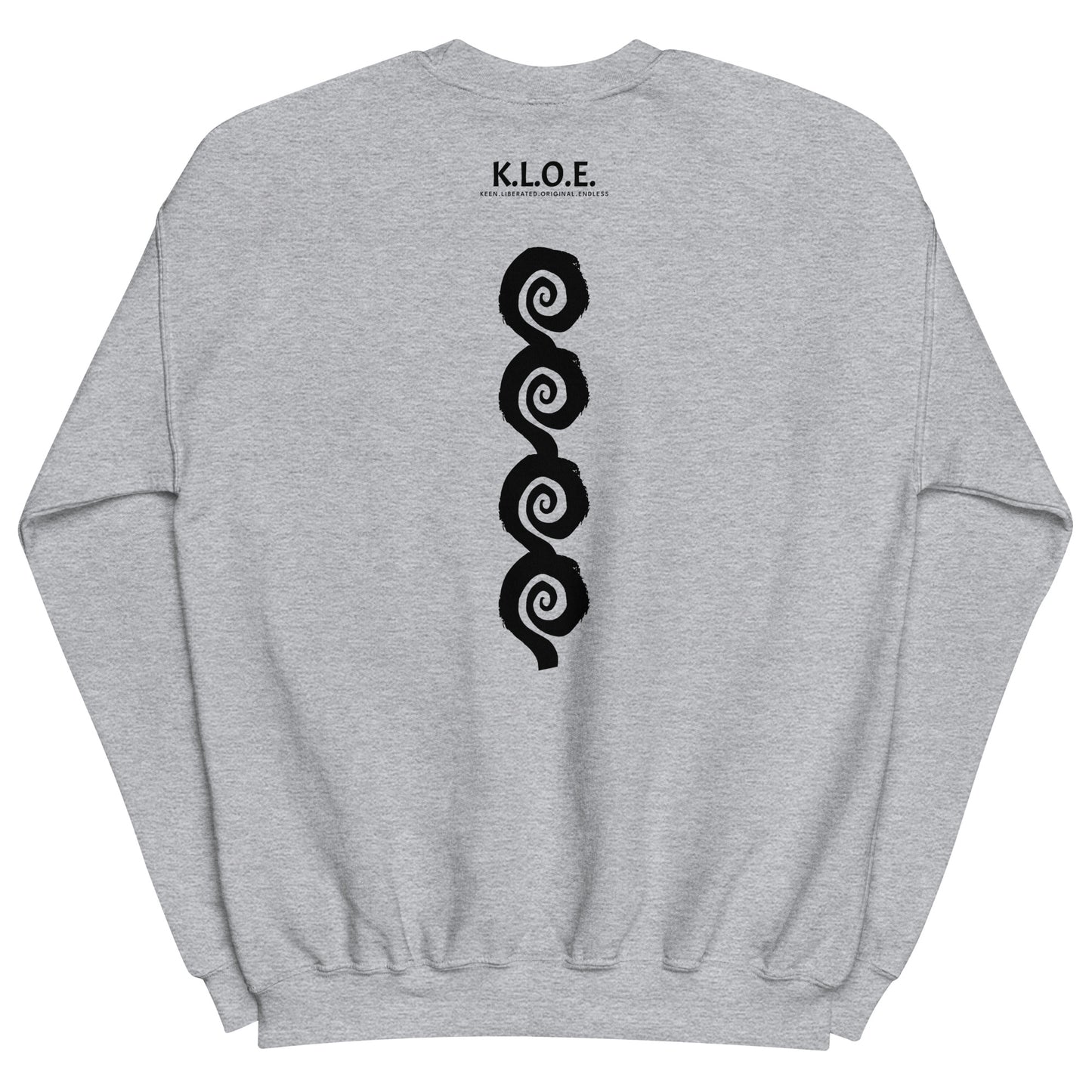 Back view of grey K.L.O.E. sweatshirt showcasing a bold, hand-drawn black spiral design symbolising creativity and individuality, with the K.L.O.E. logo above, reflecting modern bohemian style and artistic self-expression.