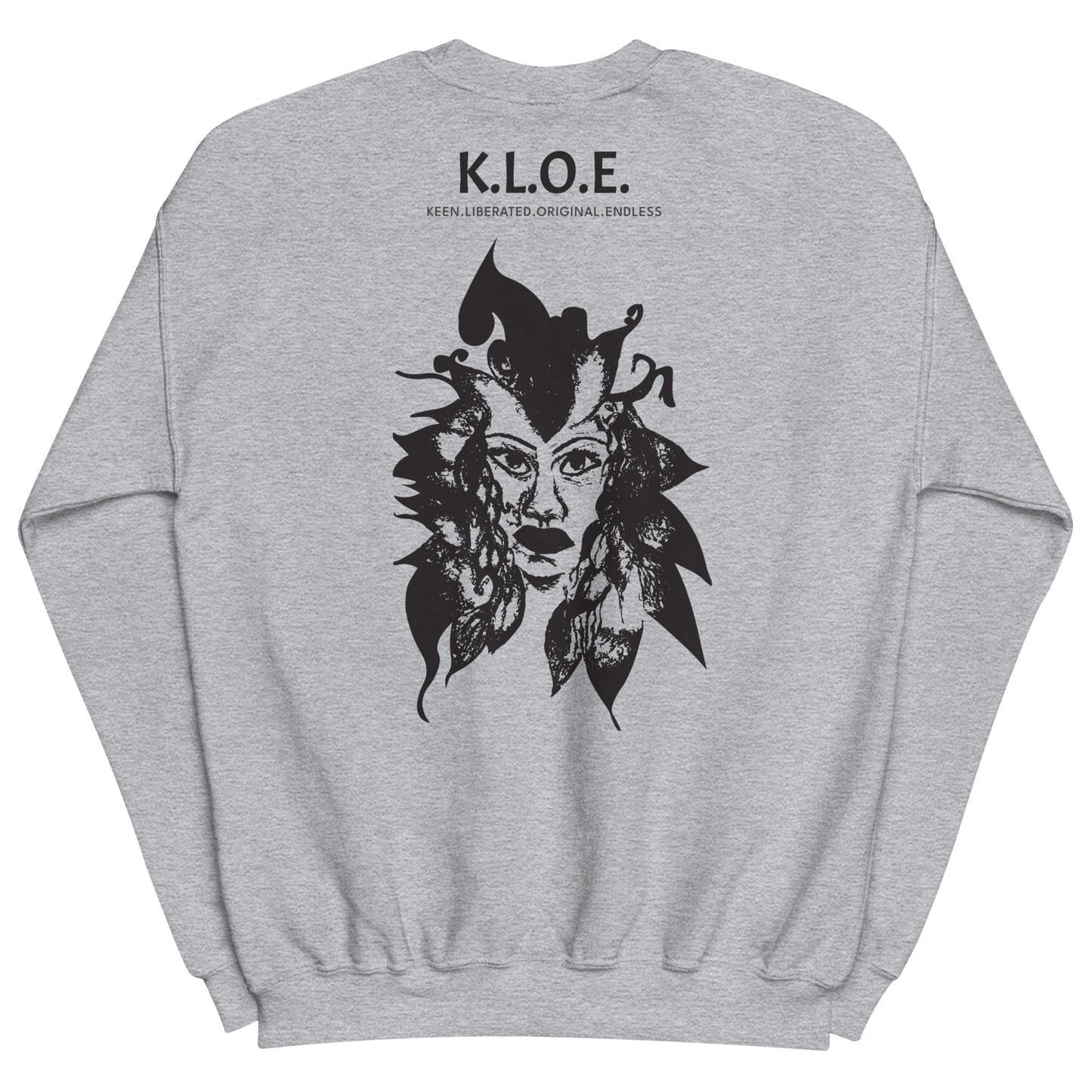 Back view of a grey K.L.O.E. sweatshirt showcasing a culturally inspired, hand-drawn black design featuring a bold, expressive face intertwined with flowing, abstract patterns, and K.L.O.E. logo, embodying artistic self-expression and modern bohemian style fashion.