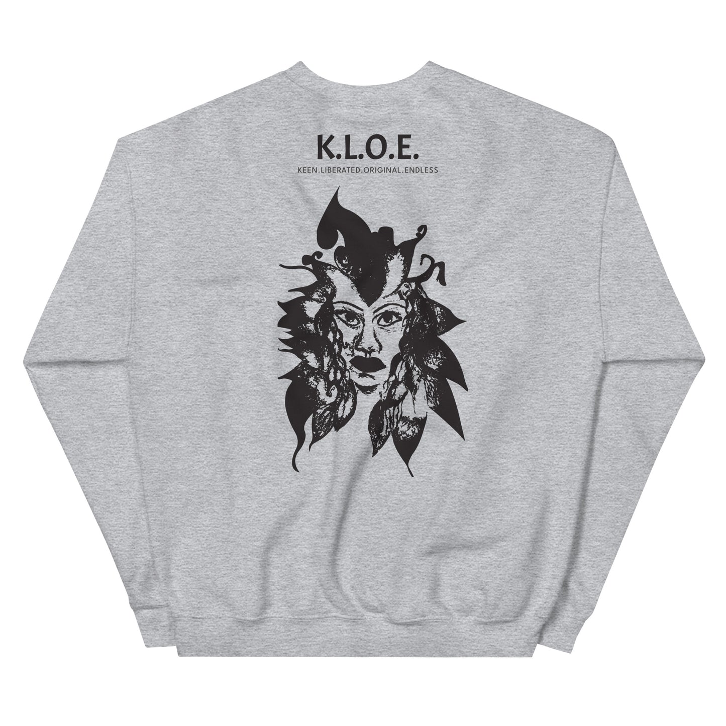 Back view of a grey K.L.O.E. sweatshirt showcasing a culturally inspired, hand-drawn black design featuring a bold, expressive face intertwined with flowing, abstract patterns, and K.L.O.E. logo, embodying artistic self-expression and modern bohemian style fashion.