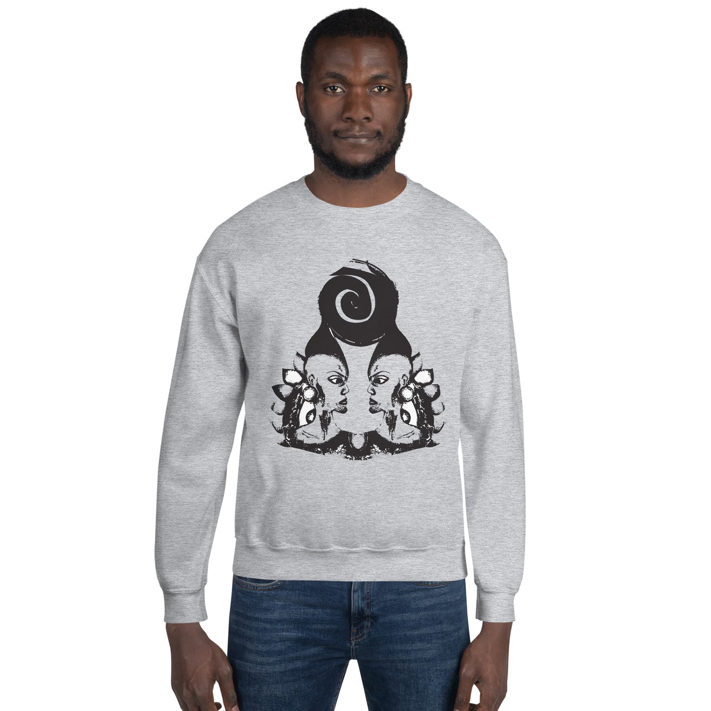A male model wearing grey K.L.O.E. sweatshirt featuring a culturally inspired, hand-drawn design of two mirrored faces in bold black, showcasing unique artistry and self-expression in modern bohemian style clothing.