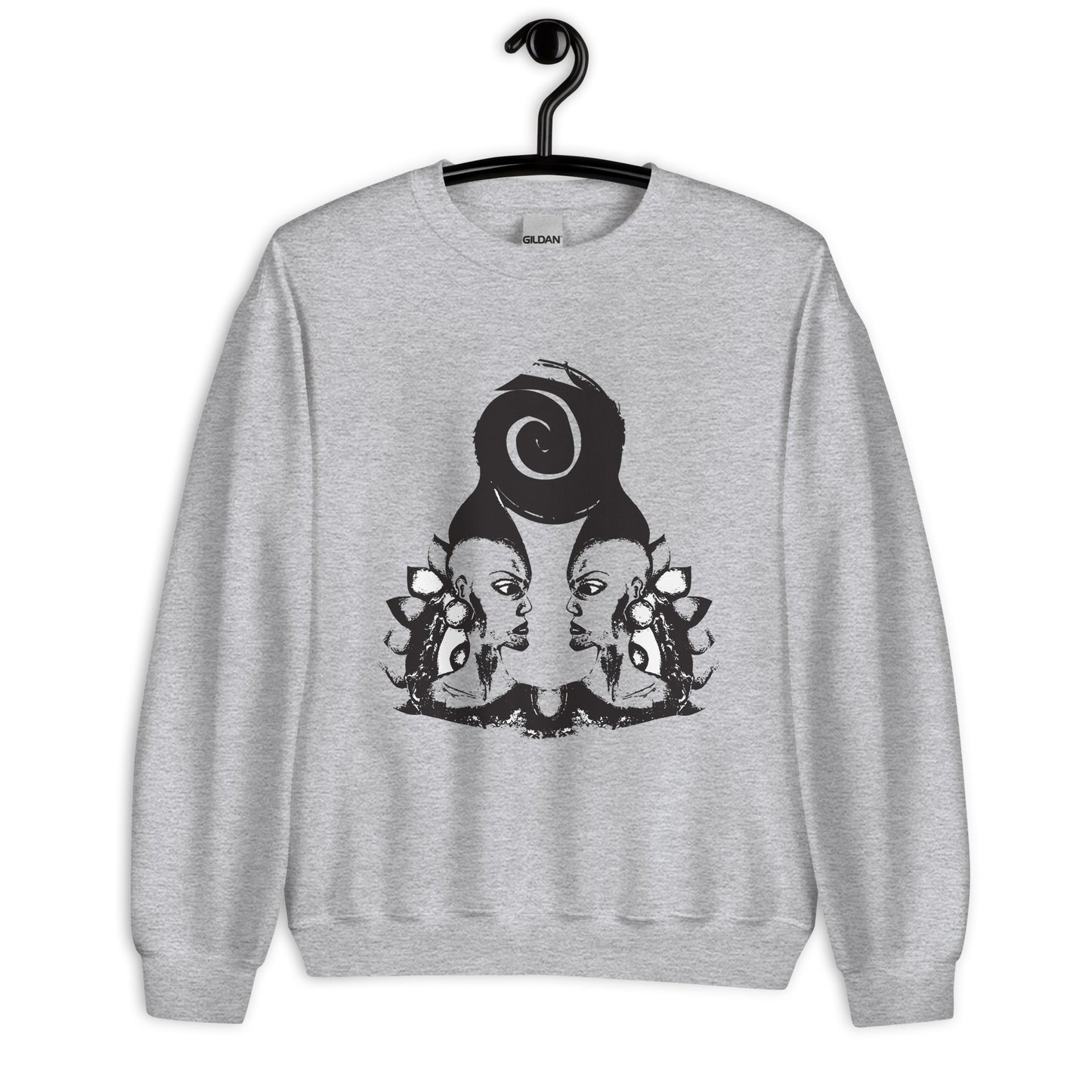 Grey K.L.O.E. sweatshirt featuring a culturally inspired, hand-drawn design of two mirrored faces in bold black, showcasing unique artistry and self-expression in modern bohemian style clothing.