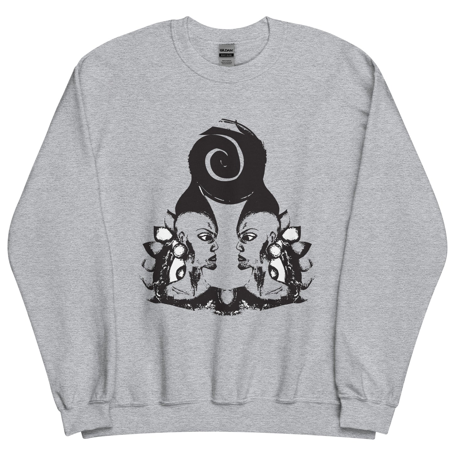 Grey K.L.O.E. sweatshirt featuring a culturally inspired, hand-drawn design of two mirrored faces in bold black, showcasing unique artistry and self-expression in modern bohemian style clothing.