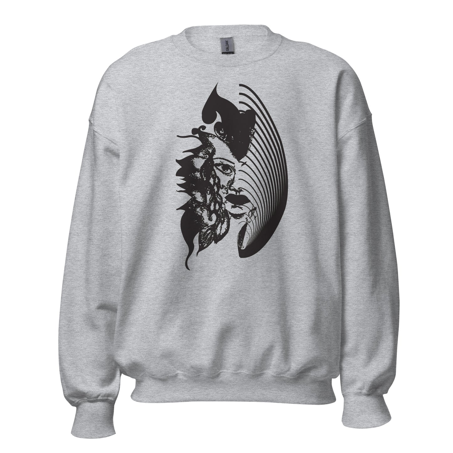 Grey K.L.O.E. sweatshirt featuring a culturally inspired, hand-drawn black graphic of a bold, expressive face surrounded by intricate details, celebrating individuality and artistic self-expression in modern bohemian style fashion.