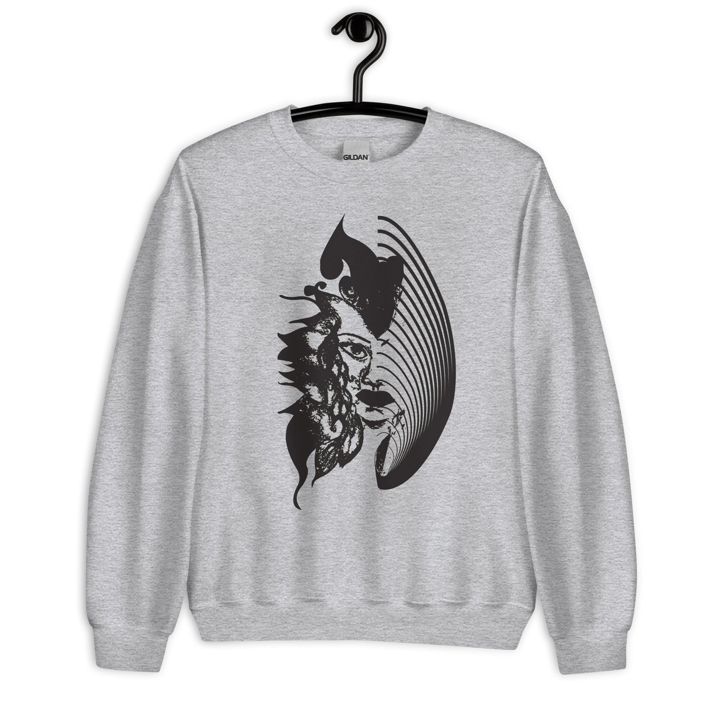 Grey K.L.O.E. sweatshirt featuring a culturally inspired, hand-drawn black graphic of a bold, expressive face surrounded by intricate details, celebrating individuality and artistic self-expression in modern bohemian style fashion.