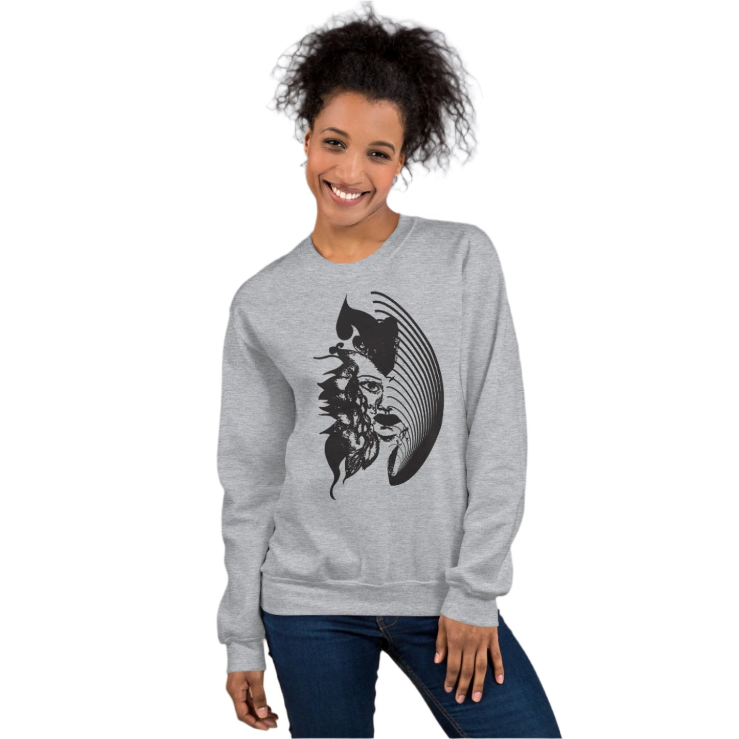 A model wearing grey K.L.O.E. sweatshirt featuring a culturally inspired, hand-drawn black graphic of a bold, expressive face surrounded by intricate details, celebrating individuality and artistic self-expression in modern bohemian style fashion.