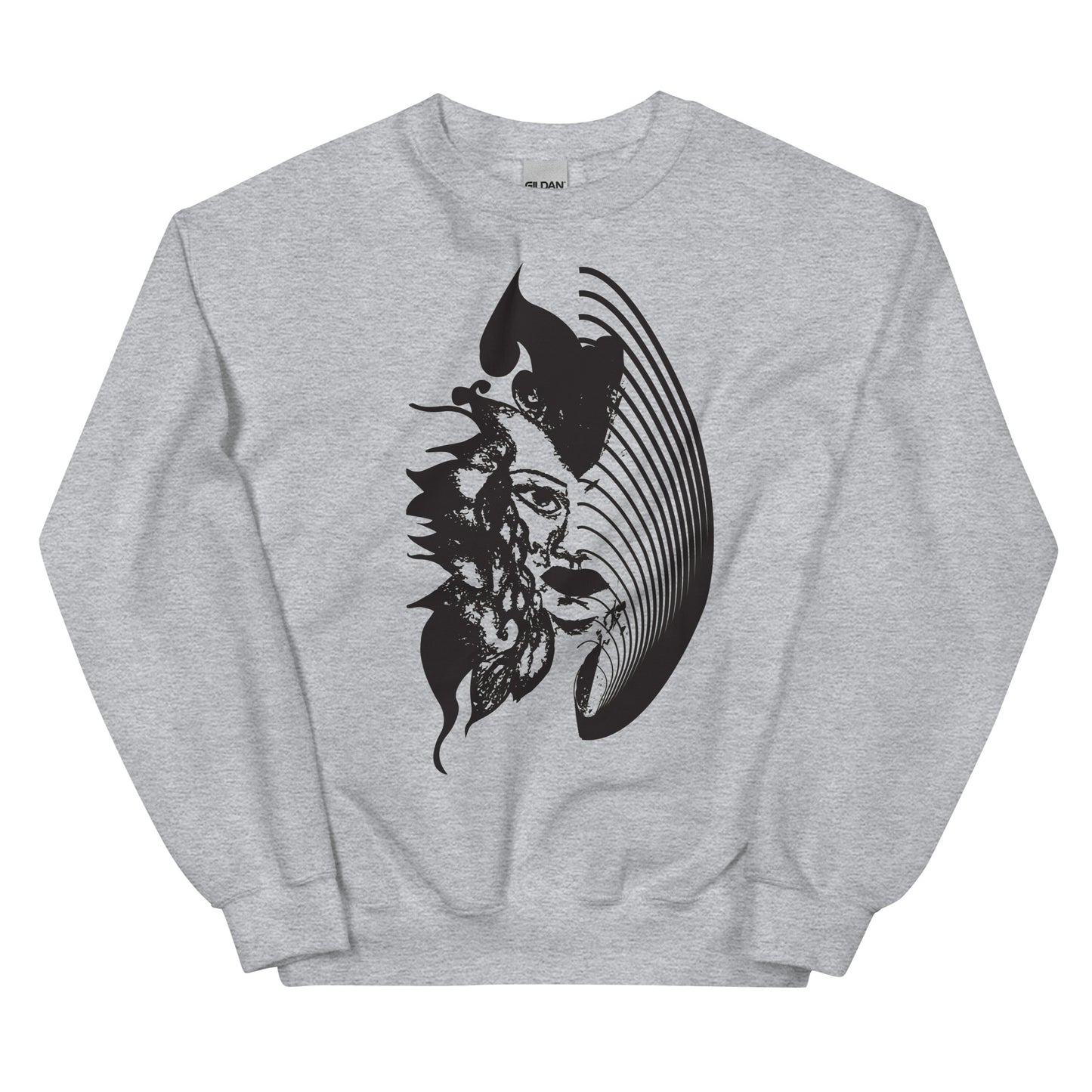 Grey K.L.O.E. sweatshirt featuring a culturally inspired, hand-drawn black graphic of a bold, expressive face surrounded by intricate details, celebrating individuality and artistic self-expression in modern bohemian style fashion.