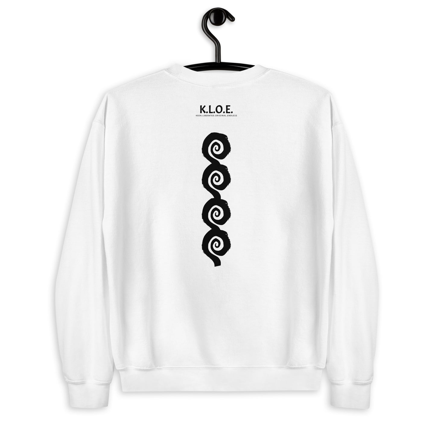 Back view of white K.L.O.E. sweatshirt showcasing a bold, hand-drawn black spiral design symbolising creativity and individuality, with the K.L.O.E. logo above, reflecting modern bohemian style and artistic self-expression.
