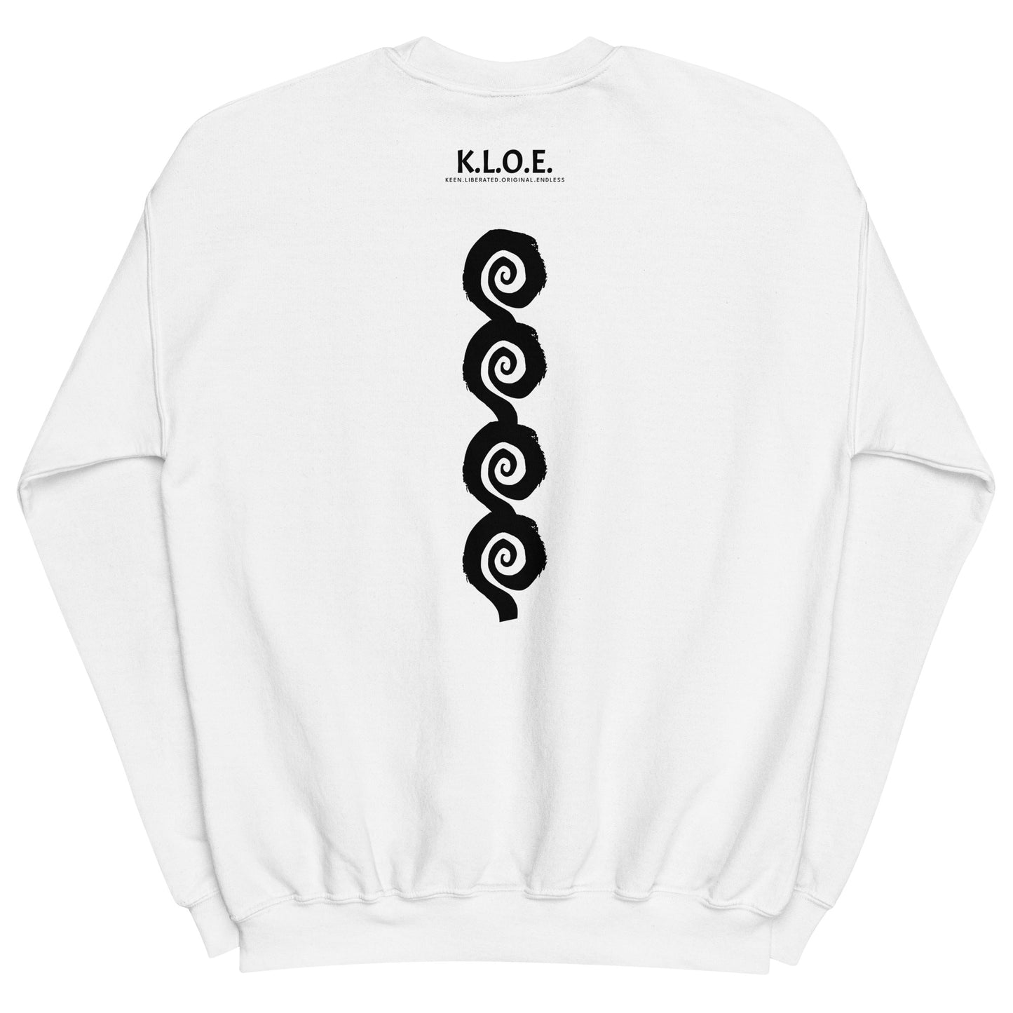 Back view of white K.L.O.E. sweatshirt showcasing a bold, hand-drawn black spiral design symbolising creativity and individuality, with the K.L.O.E. logo above, reflecting modern bohemian style and artistic self-expression.