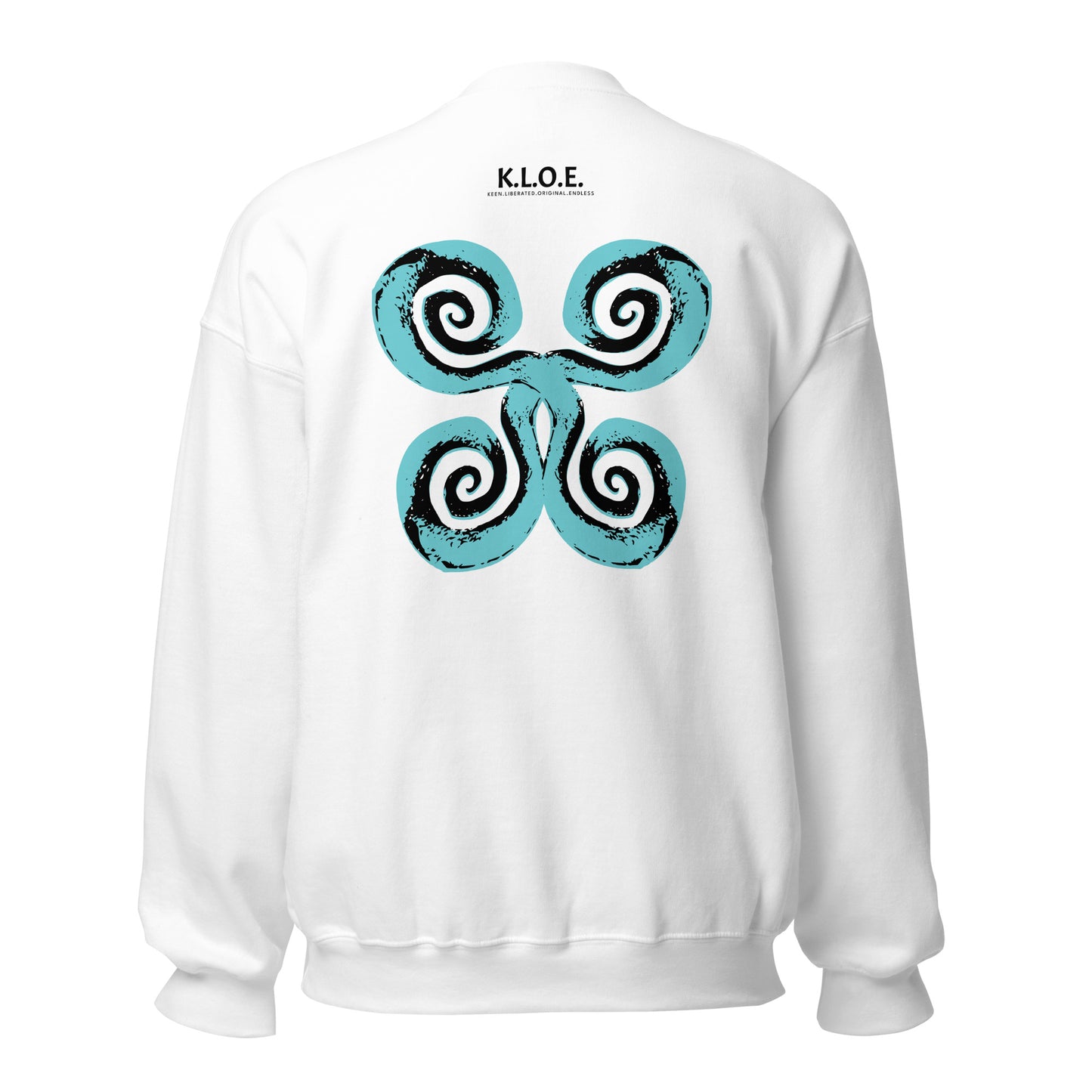 The back of the white K.L.O.E. sweatshirt featuring a culturally inspired, hand-drawn design of bold black and teal spirals, symbolizing self-expression, individuality, and modern bohemian style.