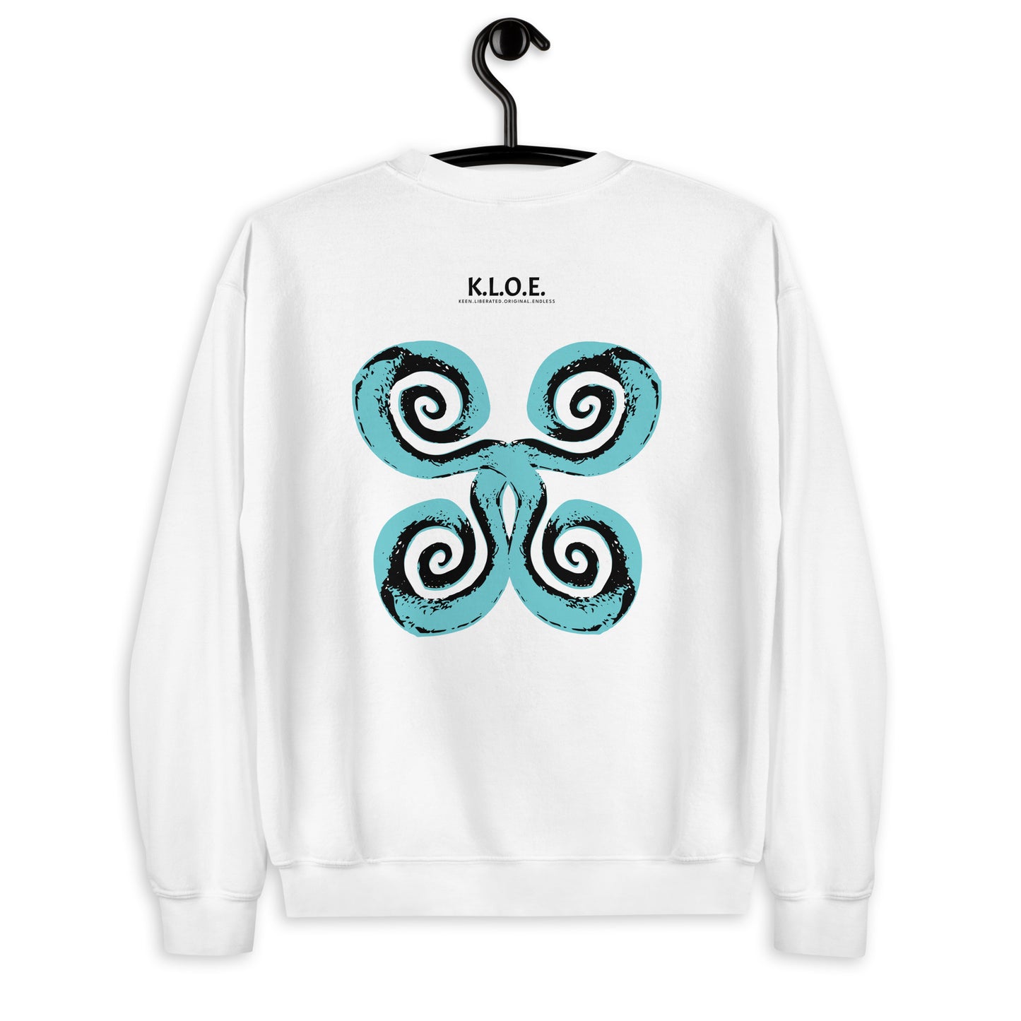 The back of the white K.L.O.E. sweatshirt featuring a culturally inspired, hand-drawn design of bold black and teal spirals, symbolizing self-expression, individuality, and modern bohemian style.