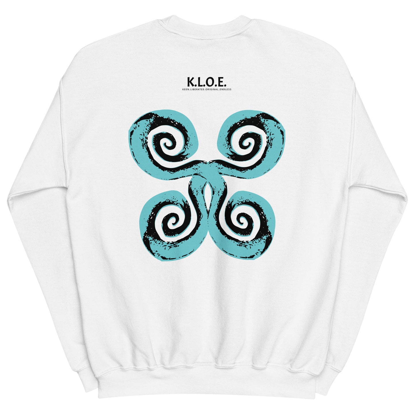 The back of the white K.L.O.E. sweatshirt featuring a culturally inspired, hand-drawn design of bold black and teal spirals, symbolizing self-expression, individuality, and modern bohemian style.