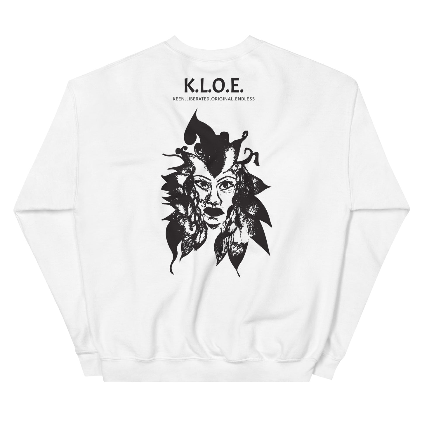 Back view of a white K.L.O.E. sweatshirt showcasing a culturally inspired, hand-drawn black design featuring a bold, expressive face intertwined with flowing, abstract patterns, and K.L.O.E. logo, embodying artistic self-expression and modern bohemian style fashion.