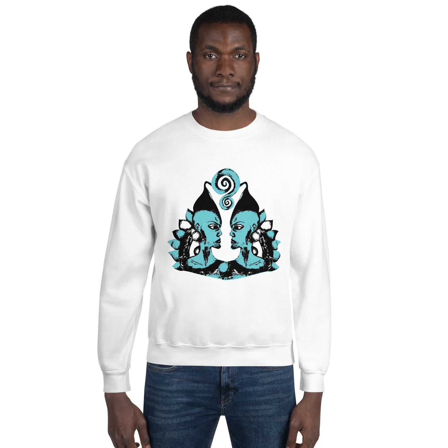A male model wearing the white K.L.O.E. sweatshirt featuring a hand-drawn design of two mirrored faces in bold black and teal, showcasing cultural inspiration, individuality, and modern bohemian style self-expression.