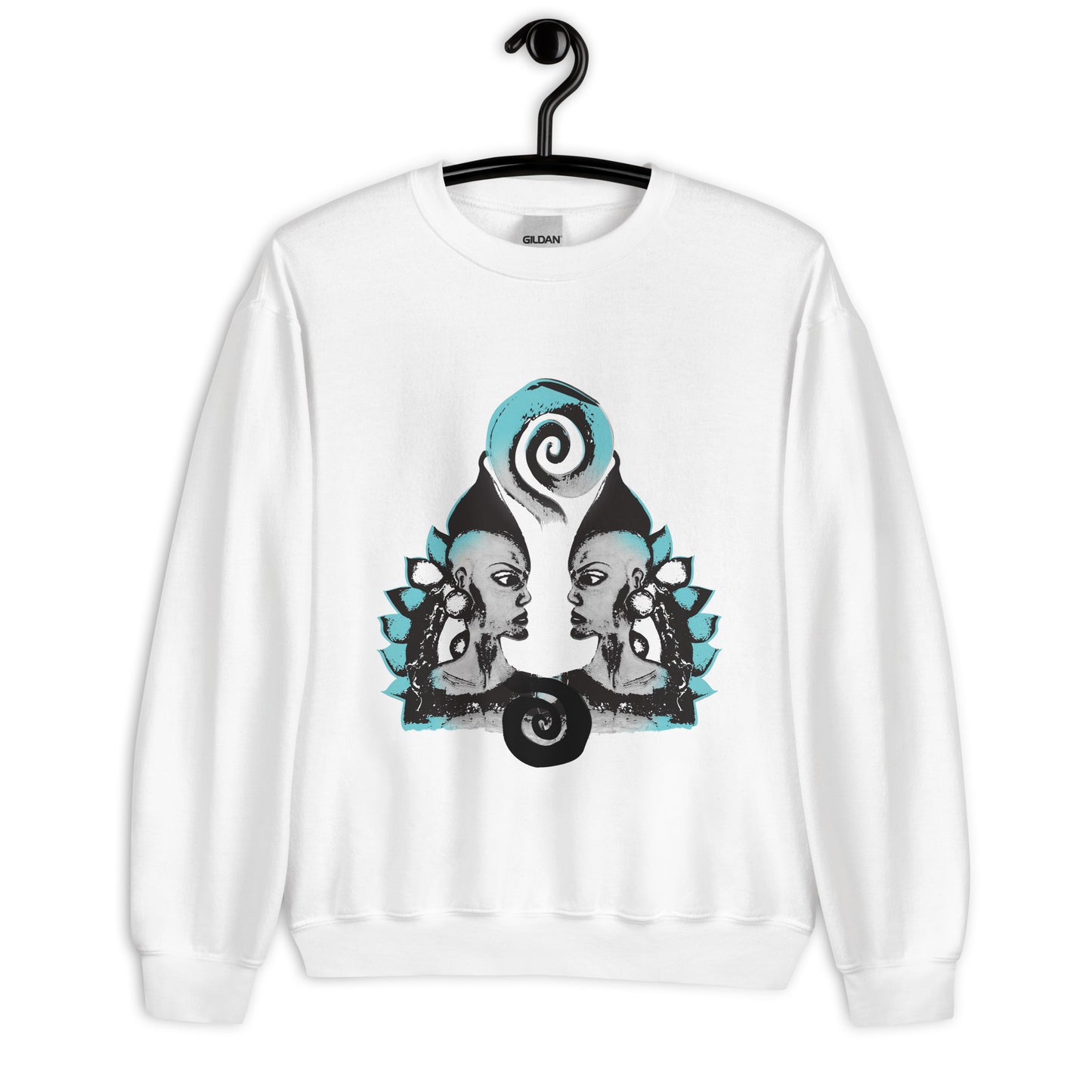 White K.L.O.E. sweatshirt with a culturally inspired, hand-drawn design of two mirrored faces in bold black and teal, celebrating self-expression and individuality in modern bohemian style clothing.