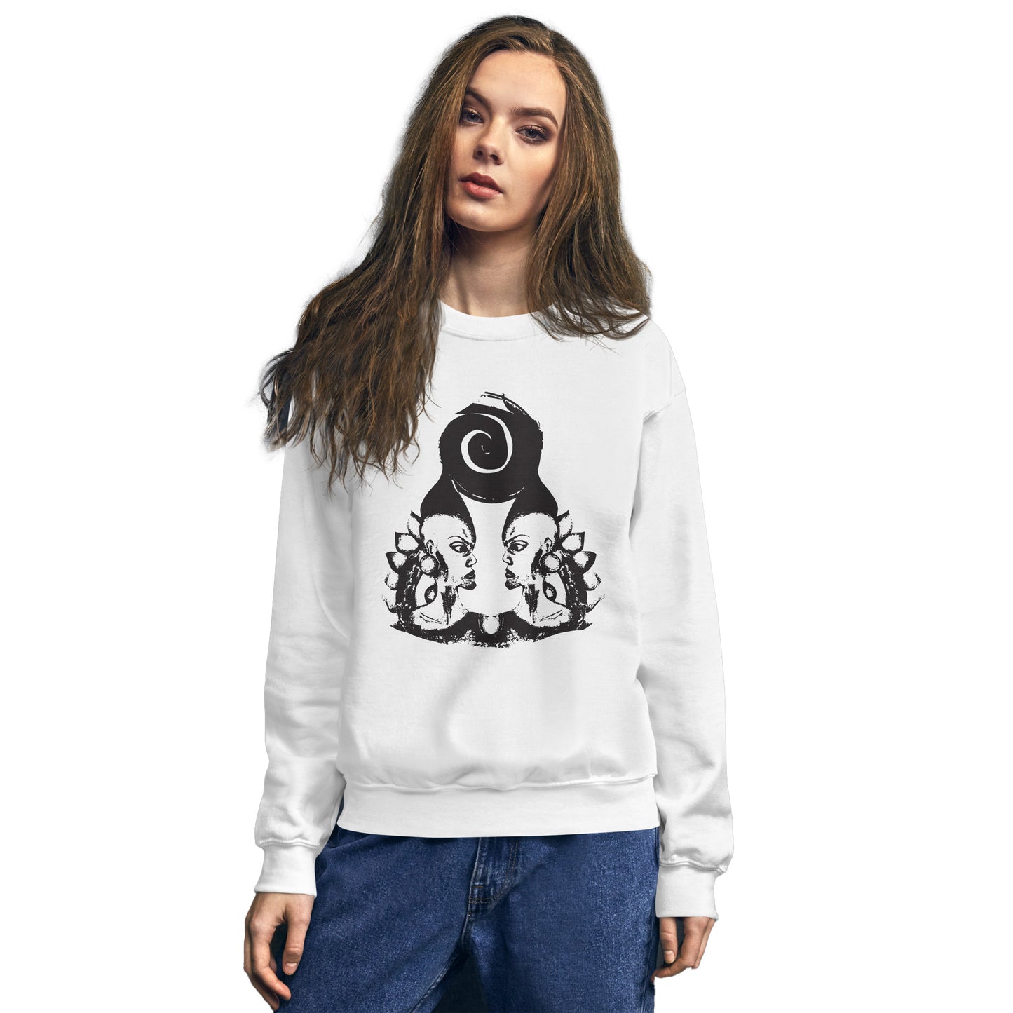 A model wearing white K.L.O.E. sweatshirt featuring a culturally inspired, hand-drawn design of two mirrored faces in bold black, showcasing unique artistry and self-expression in modern bohemian style clothing.