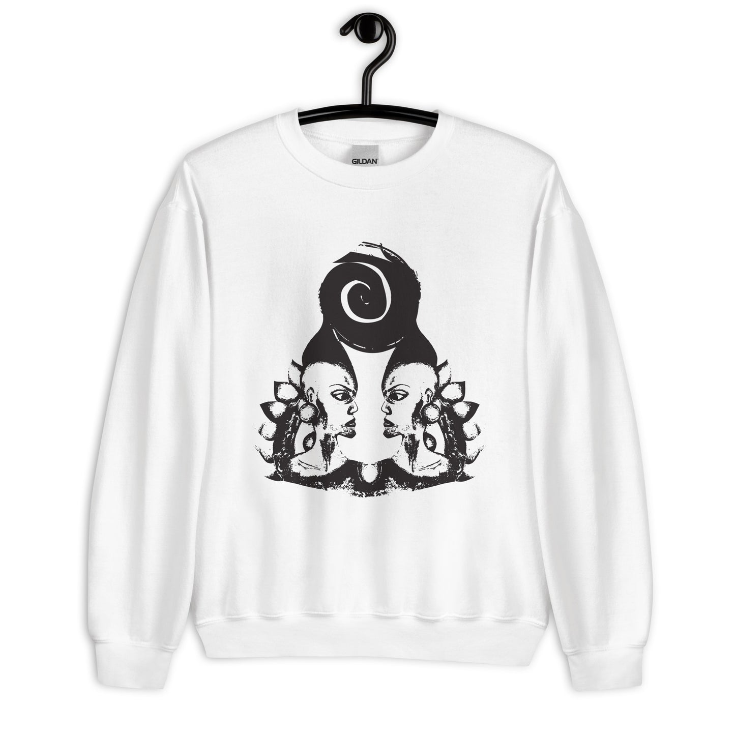 White K.L.O.E. sweatshirt featuring a culturally inspired, hand-drawn design of two mirrored faces in bold black, showcasing unique artistry and self-expression in modern bohemian style clothing.