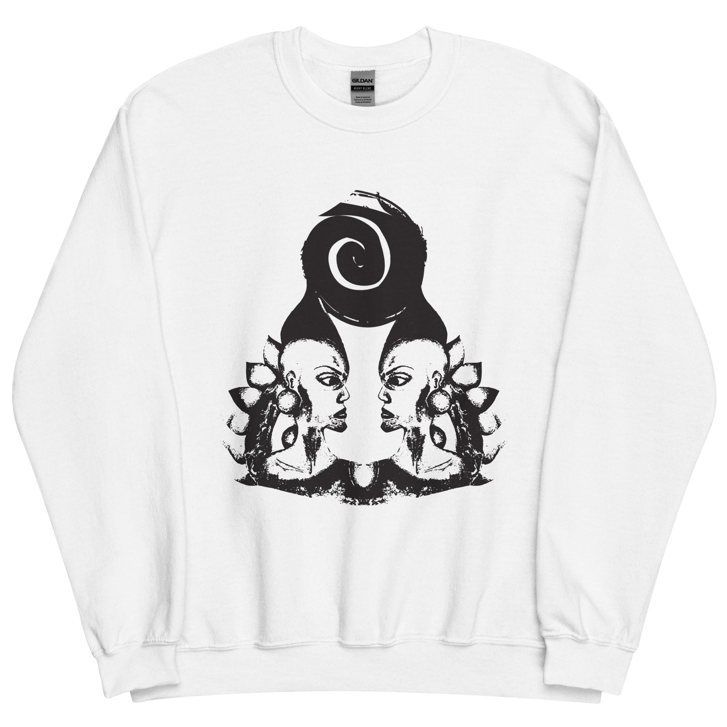 White K.L.O.E. sweatshirt featuring a culturally inspired, hand-drawn design of two mirrored faces in bold black, showcasing unique artistry and self-expression in modern bohemian style clothing.