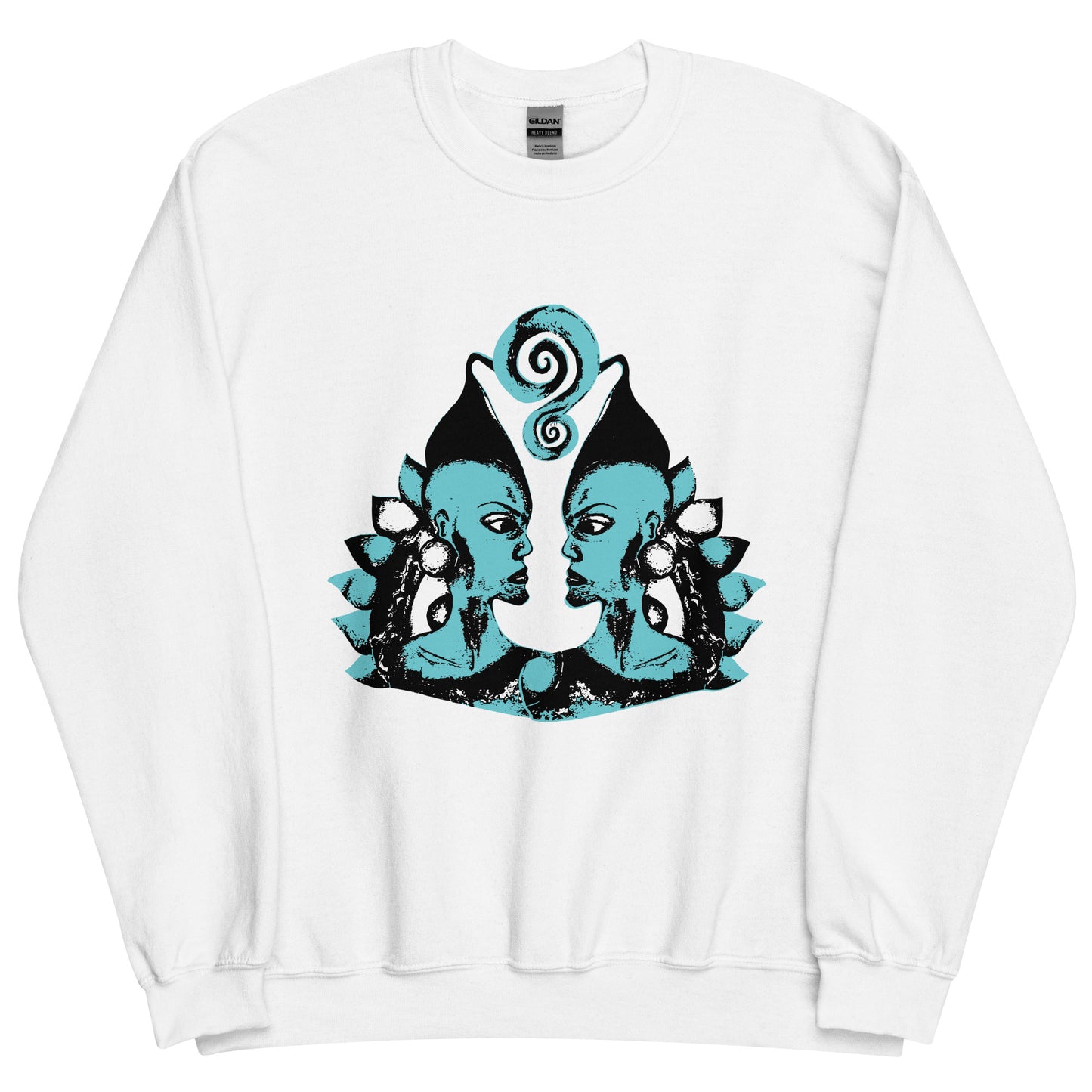 White K.L.O.E. sweatshirt featuring a hand-drawn design of two mirrored faces in bold black and teal, showcasing cultural inspiration, individuality, and modern bohemian style self-expression.