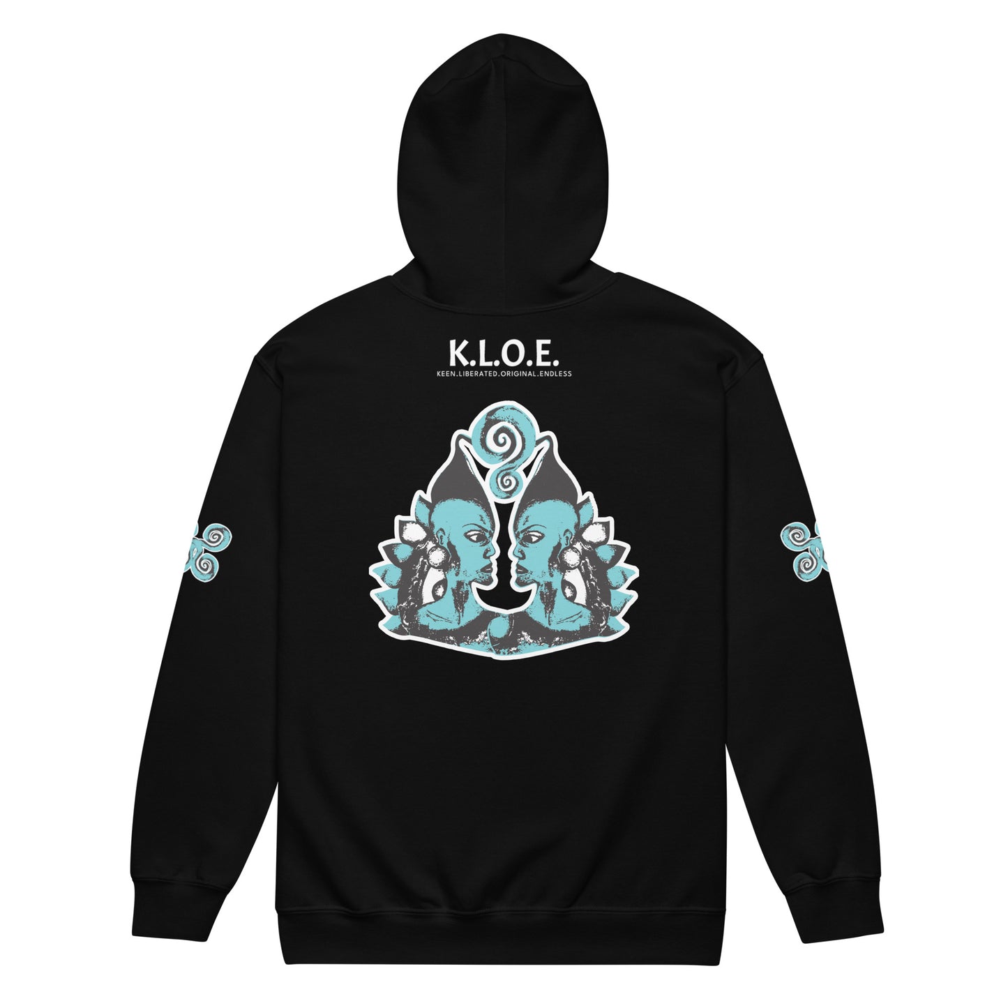 Black zip-up hoodie featuring a striking, hand-drawn graphic on the back of two mirrored female figures with intricate headpieces in black and teal, connected by a central spiral element. Teal spiral accents appear on each sleeve, adding a touch of cultural artistry. This K.L.O.E. design embodies modern boho style and expressive, artisan-crafted fashion, ideal for those who embrace unique, eco-friendly apparel and global inspiration.