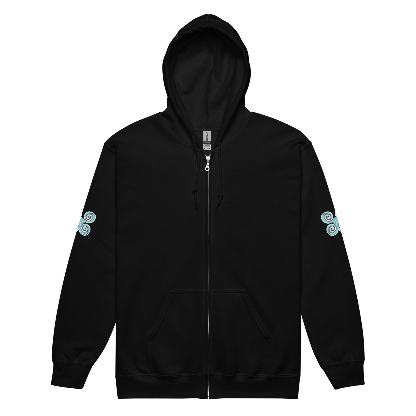 The front view of black zip-up hoodie featuring a striking, hand-drawn graphic on the back of two mirrored female figures with intricate headpieces in black and teal, connected by a central spiral element, on the back. Teal spiral accents appear on each sleeve, adding a touch of cultural artistry. This K.L.O.E. design embodies modern boho style and expressive, artisan-crafted fashion, ideal for those who embrace unique, eco-friendly apparel and global inspiration.