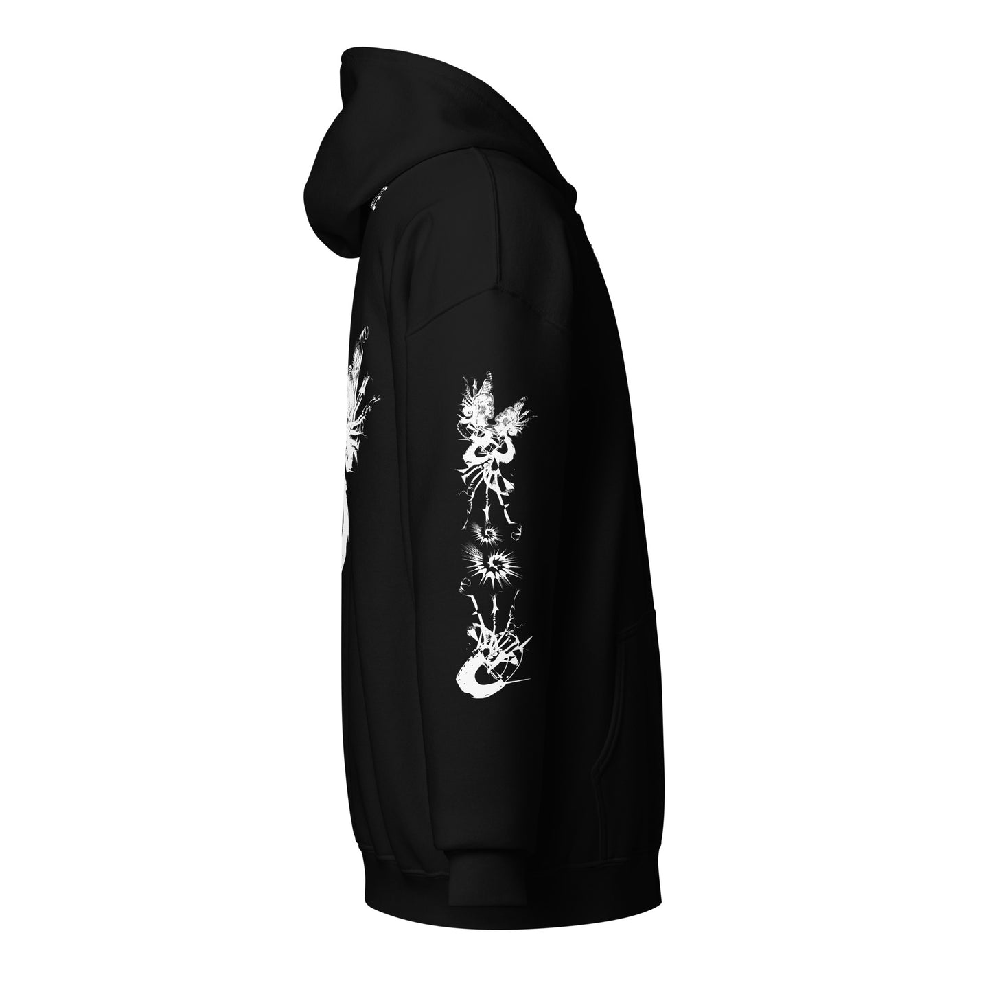 Side view of black unisex K.L.O.E. zip hoodie featuring white hand-drawn, culturally inspired artwork on the sleeves—symbolizing transformation and individuality through intricate abstract design, showing the sleeves details.