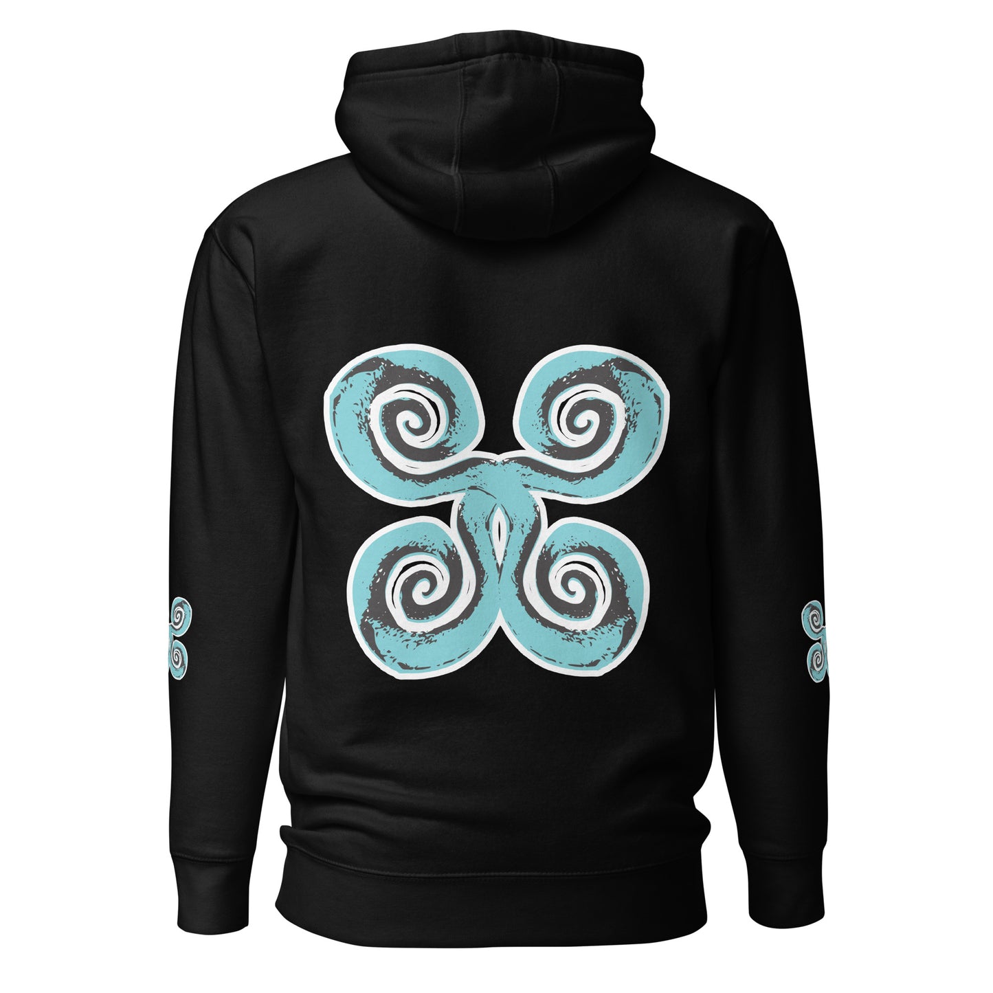 Back view of black K.L.O.E. hoodie showcasing a bold, hand-drawn spiral design in teal and white, symbolizing creativity and individuality, embodying culturally inspired, modern bohemian style and artistic expression with eco-friendly fashion values.