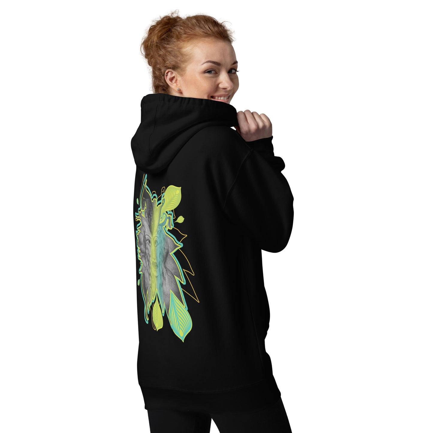 Back view of K.L.O.E. black hoodie featuring a bold hand-drawn face design framed by vibrant green and yellow leaf patterns. A statement of modern bohemian style, artistic craftsmanship, and self-expression that celebrates individuality and culturally inspired fashion, on a model.