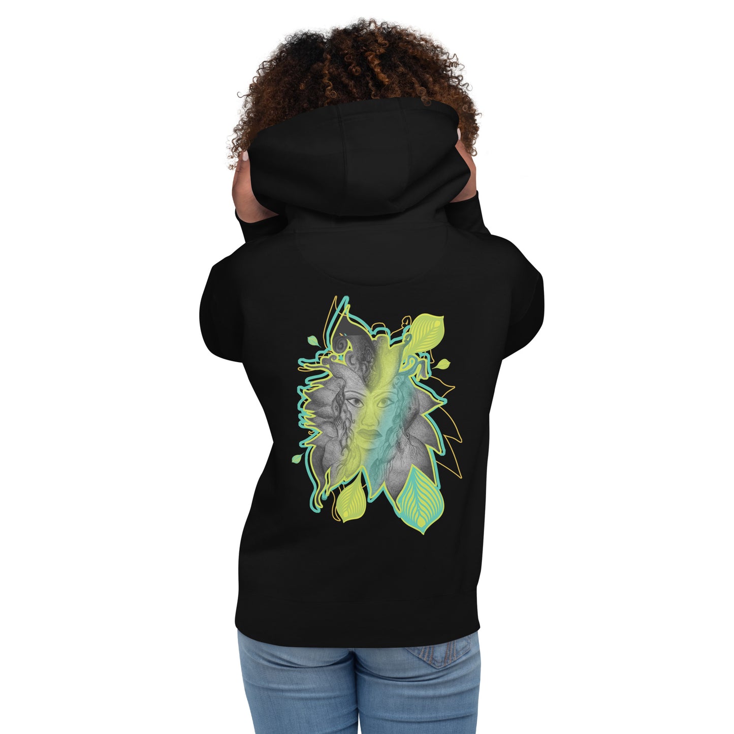 Back view of K.L.O.E. black hoodie featuring a bold hand-drawn face design framed by vibrant green and yellow leaf patterns. A statement of modern bohemian style, artistic craftsmanship, and self-expression that celebrates individuality and culturally inspired fashion, on a model.
