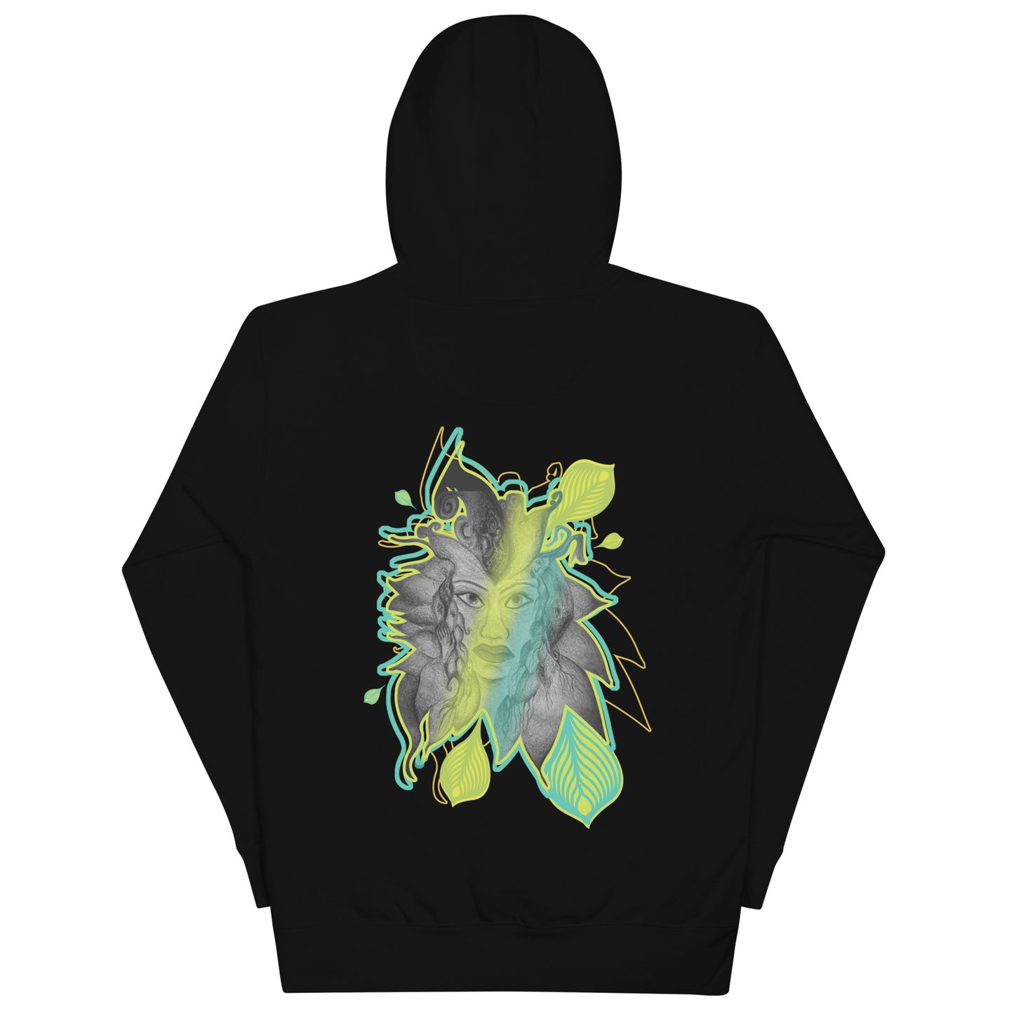 Back view of K.L.O.E. black hoodie featuring a bold hand-drawn face design framed by vibrant green and yellow leaf patterns. A statement of modern bohemian style, artistic craftsmanship, and self-expression that celebrates individuality and culturally inspired fashion.