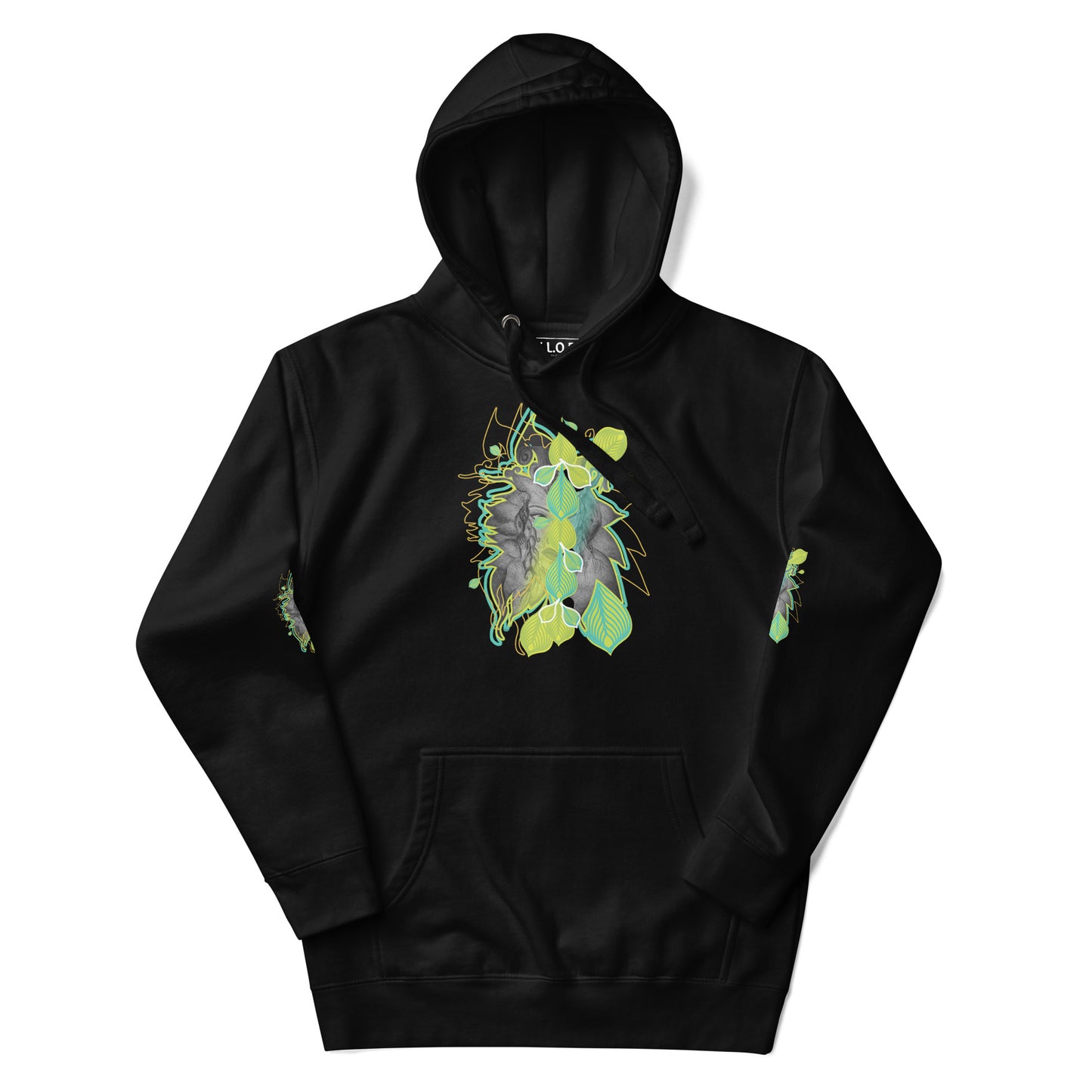 Front view of black K.L.O.E. hoodie with vibrant green and yellow leaf patterns framing a detailed hand-drawn face design. A modern bohemian style statement that celebrates individuality, artistic expression, and culturally inspired fashion.