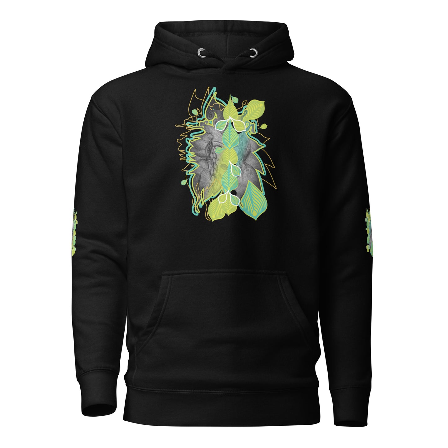 Front view of black K.L.O.E. hoodie with vibrant green and yellow leaf patterns framing a detailed hand-drawn face design. A modern bohemian style statement that celebrates individuality, artistic expression, and culturally inspired fashion.