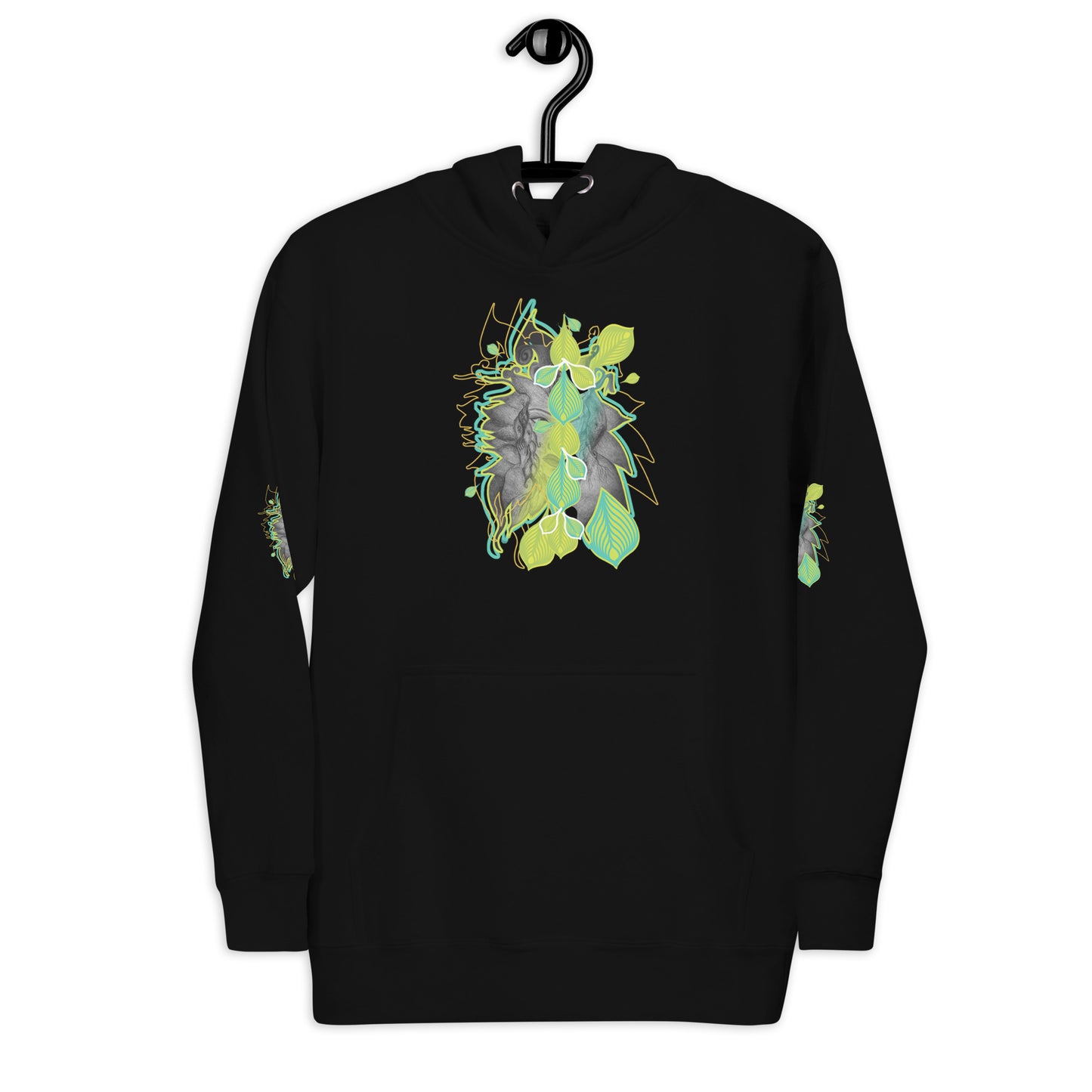 Front view of black K.L.O.E. hoodie with vibrant green and yellow leaf patterns framing a detailed hand-drawn face design. A modern bohemian style statement that celebrates individuality, artistic expression, and culturally inspired fashion.