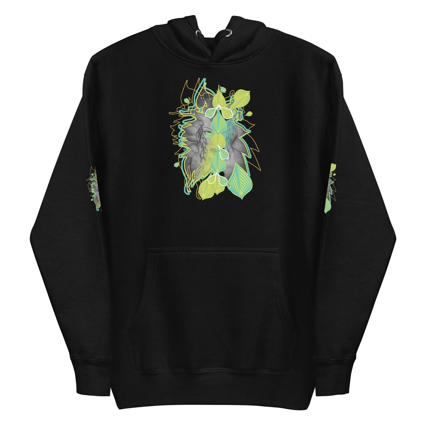 Front view of black K.L.O.E. hoodie with vibrant green and yellow leaf patterns framing a detailed hand-drawn face design. A modern bohemian style statement that celebrates individuality, artistic expression, and culturally inspired fashion.