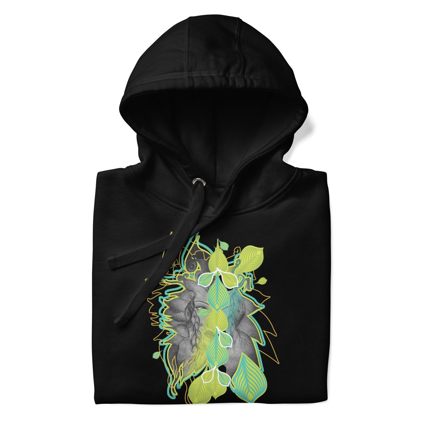 Detail view of a front side of black K.L.O.E. hoodie with vibrant green and yellow leaf patterns framing a detailed hand-drawn face design. A modern bohemian style statement that celebrates individuality, artistic expression, and culturally inspired fashion.