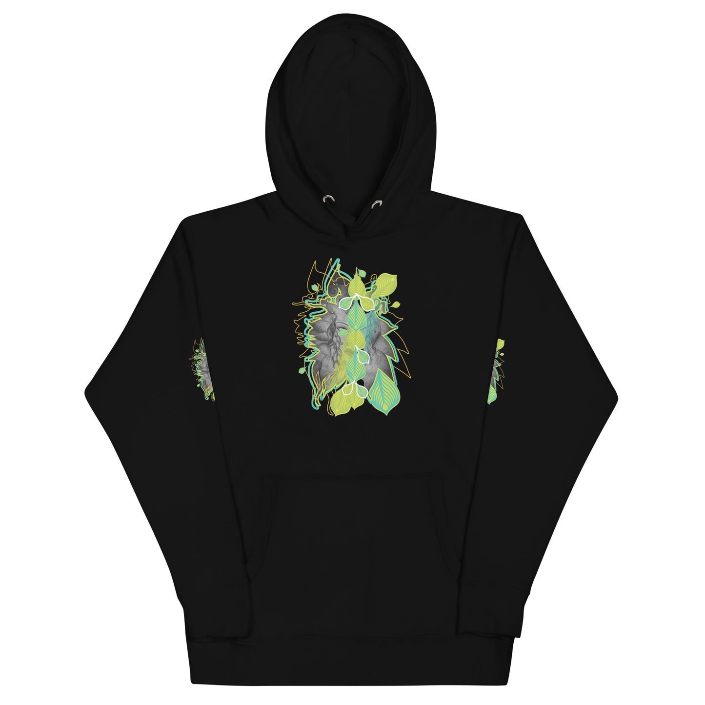 Front view of a front side of black K.L.O.E. hoodie with vibrant green and yellow leaf patterns framing a detailed hand-drawn face design. A modern bohemian style statement that celebrates individuality, artistic expression, and culturally inspired fashion.
