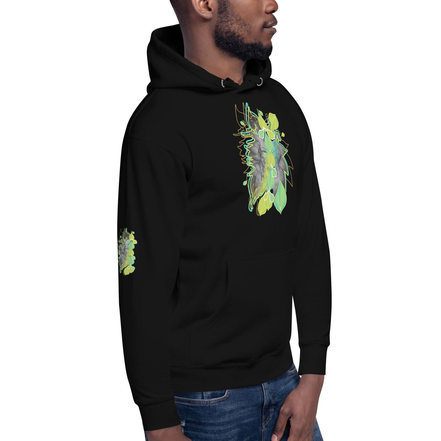 Front view of black K.L.O.E. hoodie with vibrant green and yellow leaf patterns framing a detailed hand-drawn face design. A modern bohemian style statement that celebrates individuality, artistic expression, and culturally inspired fashion.