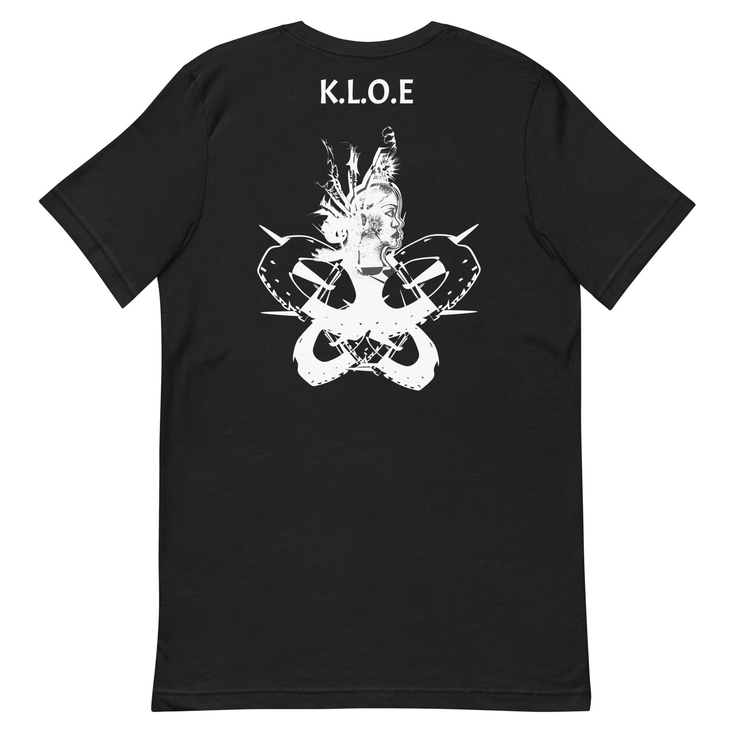 Back view of black unisex K.L.O.E. T-shirt showcasing white hand-drawn abstract face artwork with K.L.O.E. text above, expressing cultural artistry and individuality.