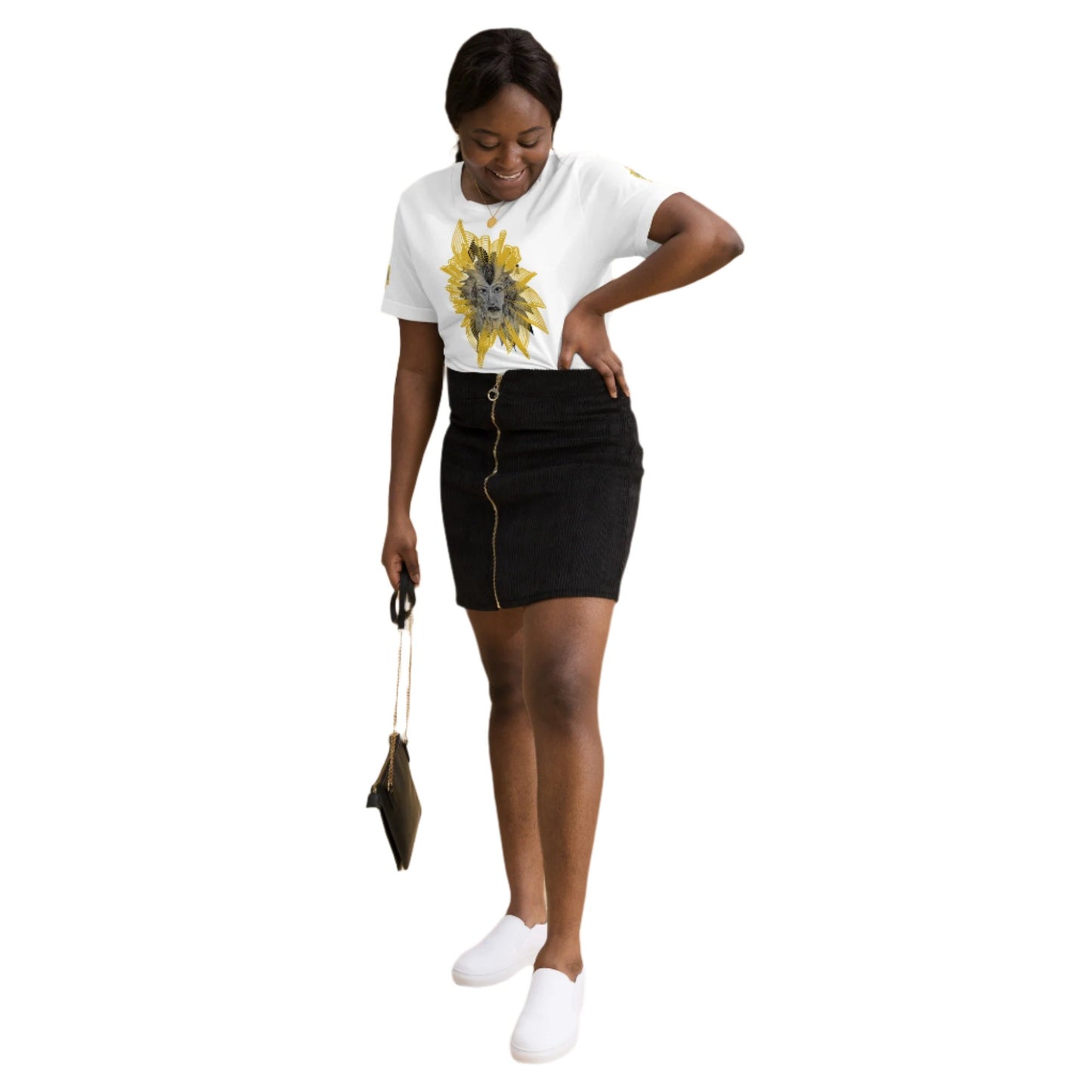 Front view of a white K.L.O.E. T-shirt featuring a striking hand-drawn face design surrounded by radiant golden abstract patterns—an artistic and empowering piece of handcrafted fashion, blending bohemian style clothing with contemporary fashion for bold self-expression and individuality, on a model.