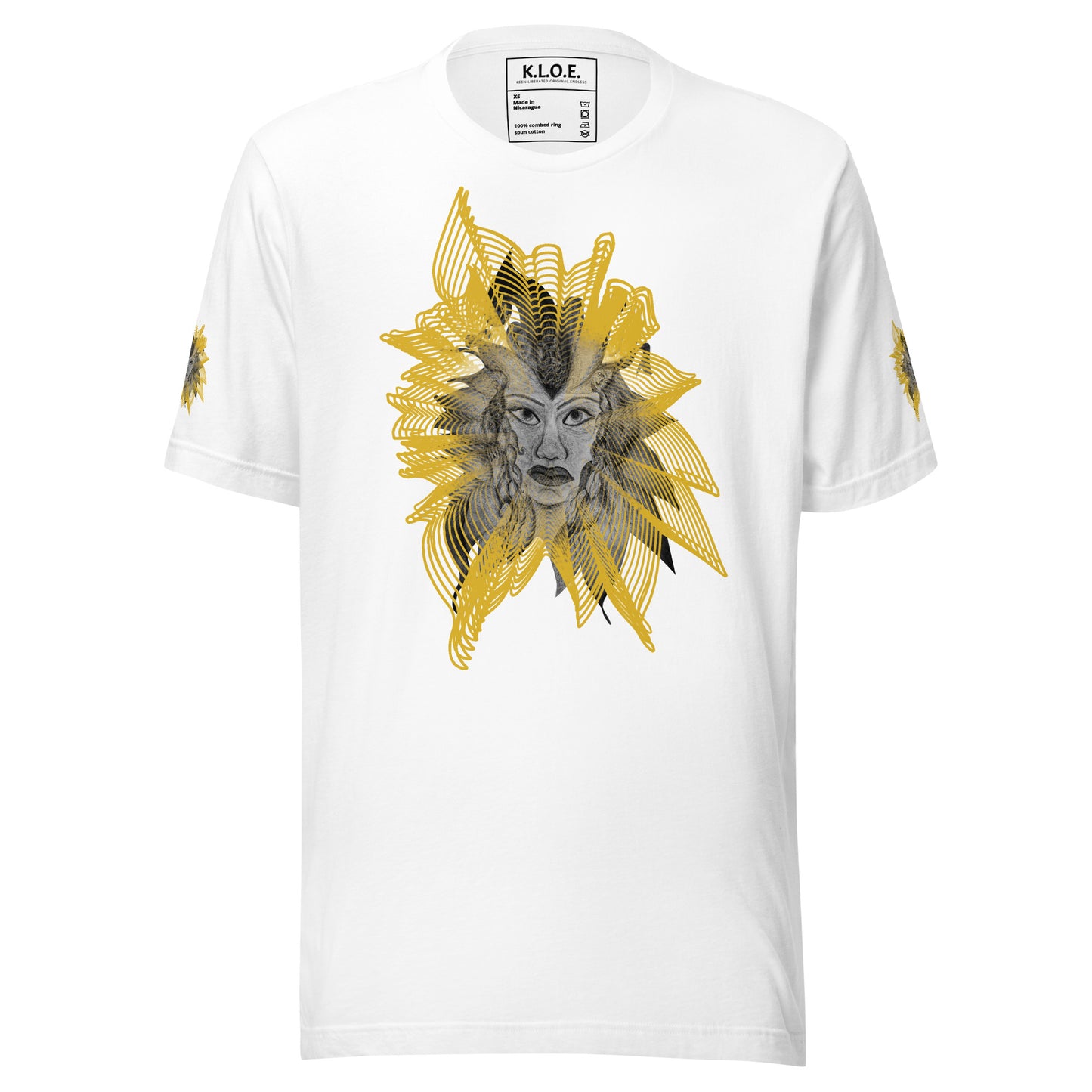 Front view of a white K.L.O.E. T-shirt featuring a striking hand-drawn face design surrounded by radiant golden abstract patterns—an artistic and empowering piece of handcrafted fashion, blending bohemian style clothing with contemporary fashion for bold self-expression and individuality.