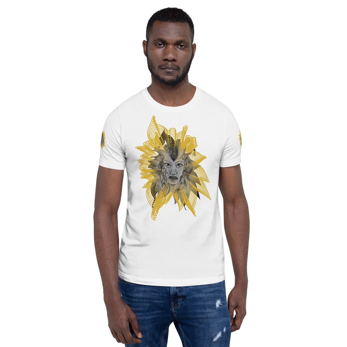 Front view of a white K.L.O.E. T-shirt featuring a striking hand-drawn face design surrounded by radiant golden abstract patterns—an artistic and empowering piece of handcrafted fashion, blending bohemian style clothing with contemporary fashion for bold self-expression and individuality, on a model.