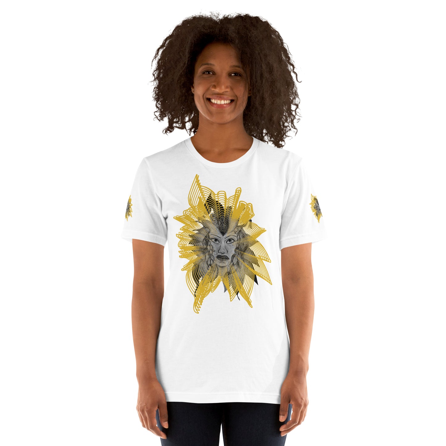 Front view of a white K.L.O.E. T-shirt featuring a striking hand-drawn face design surrounded by radiant golden abstract patterns—an artistic and empowering piece of handcrafted fashion, blending bohemian style clothing with contemporary fashion for bold self-expression and individuality, on a model.