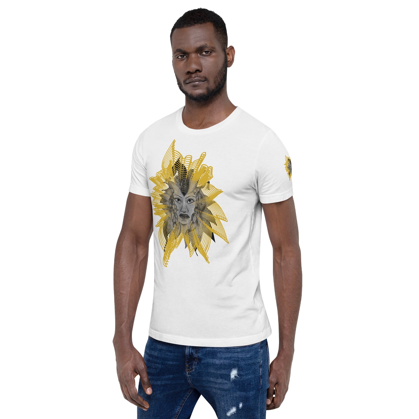Front view of a white K.L.O.E. T-shirt featuring a striking hand-drawn face design surrounded by radiant golden abstract patterns—an artistic and empowering piece of handcrafted fashion, blending bohemian style clothing with contemporary fashion for bold self-expression and individuality, on a model.