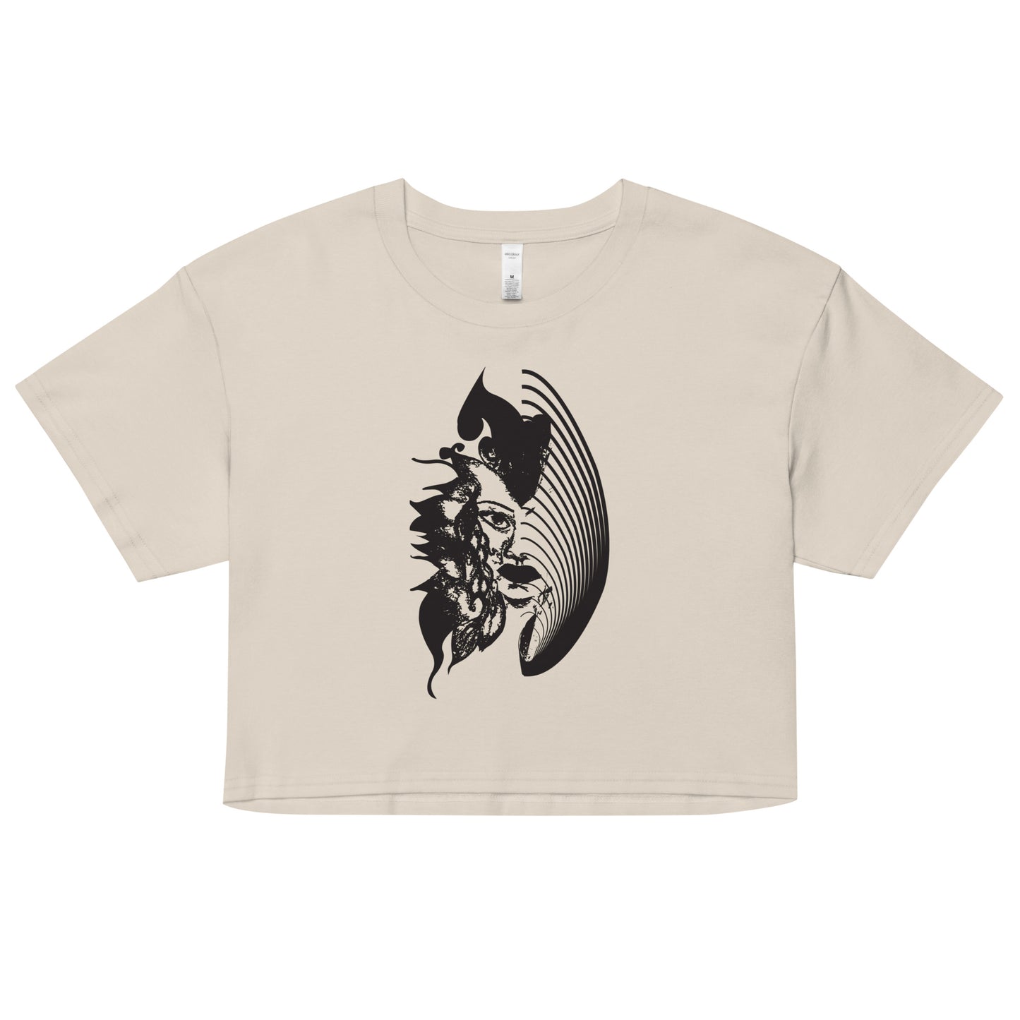 Bone K.L.O.E. crop t-shirt featuring a culturally inspired, hand-drawn black graphic of a bold, expressive face surrounded by intricate details, celebrating individuality and artistic self-expression in modern bohemian style fashion.