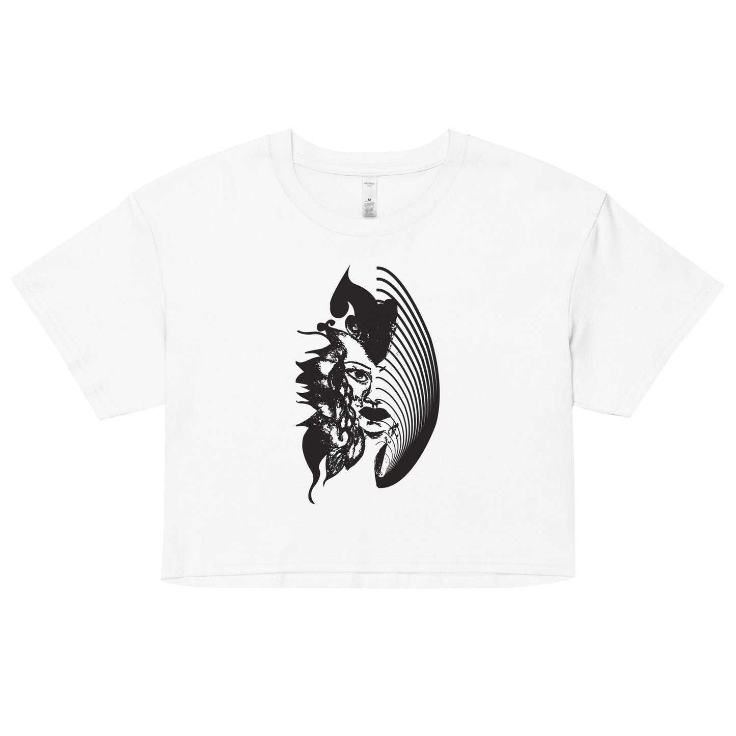 White K.L.O.E. crop t-shirt featuring a culturally inspired, hand-drawn black graphic of a bold, expressive face surrounded by intricate details, celebrating individuality and artistic self-expression in modern bohemian style fashion.