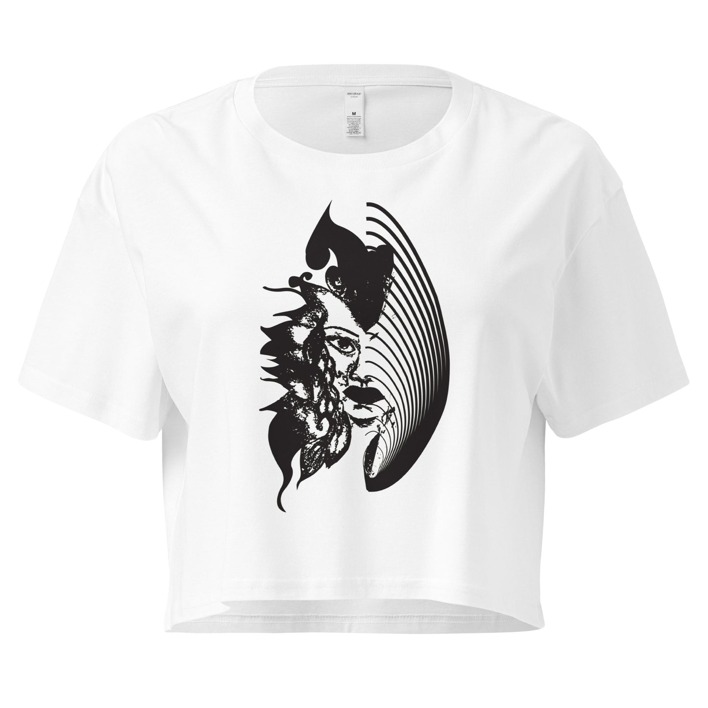 White K.L.O.E. crop t-shirt featuring a culturally inspired, hand-drawn black graphic of a bold, expressive face surrounded by intricate details, celebrating individuality and artistic self-expression in modern bohemian style fashion.