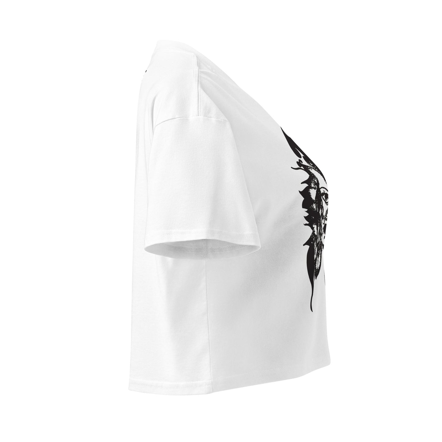Side view of a white K.L.O.E. crop t-shirt featuring a culturally inspired, hand-drawn black graphic of a bold, expressive face surrounded by intricate details, celebrating individuality and artistic self-expression in modern bohemian style fashion.