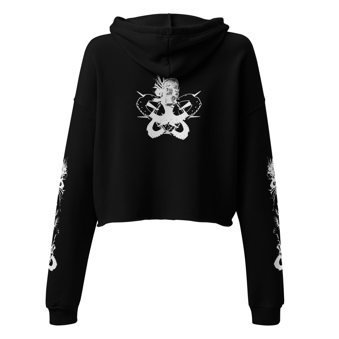 Back view of black unisex K.L.O.E. crop hoodie with white abstract hand-drawn illustration of two faces intertwined with organic shapes and cultural symbolism—expressing metamorphosis, identity, and artistic freedom.
